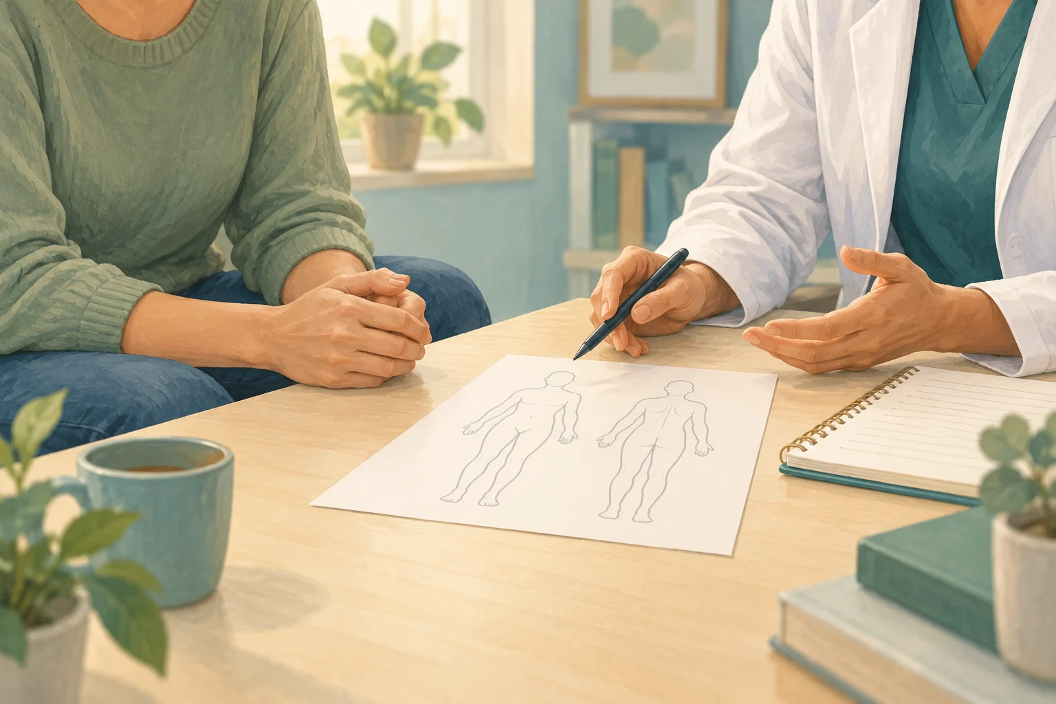 Hands review a blank symptom notebook and body outline during a clinic conversation