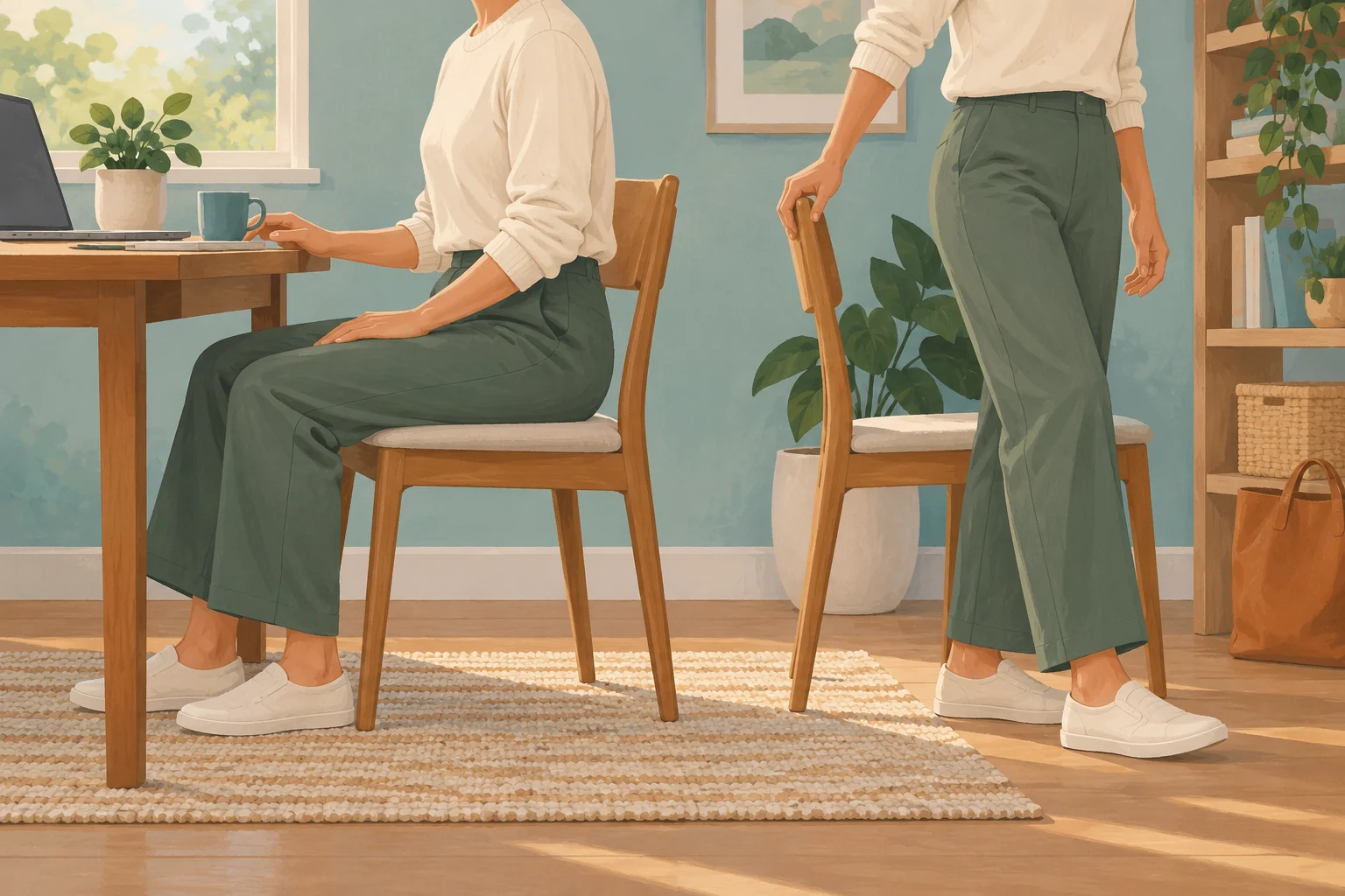 An adult changes from sitting to standing beside a chair, illustrating how sitting tolerance may affect daily activity