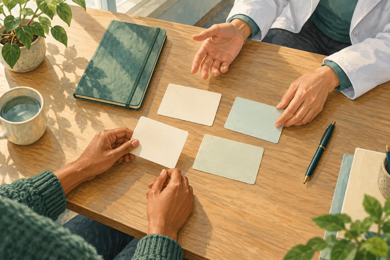 A patient and clinician discuss blank planning cards and notes at a desk