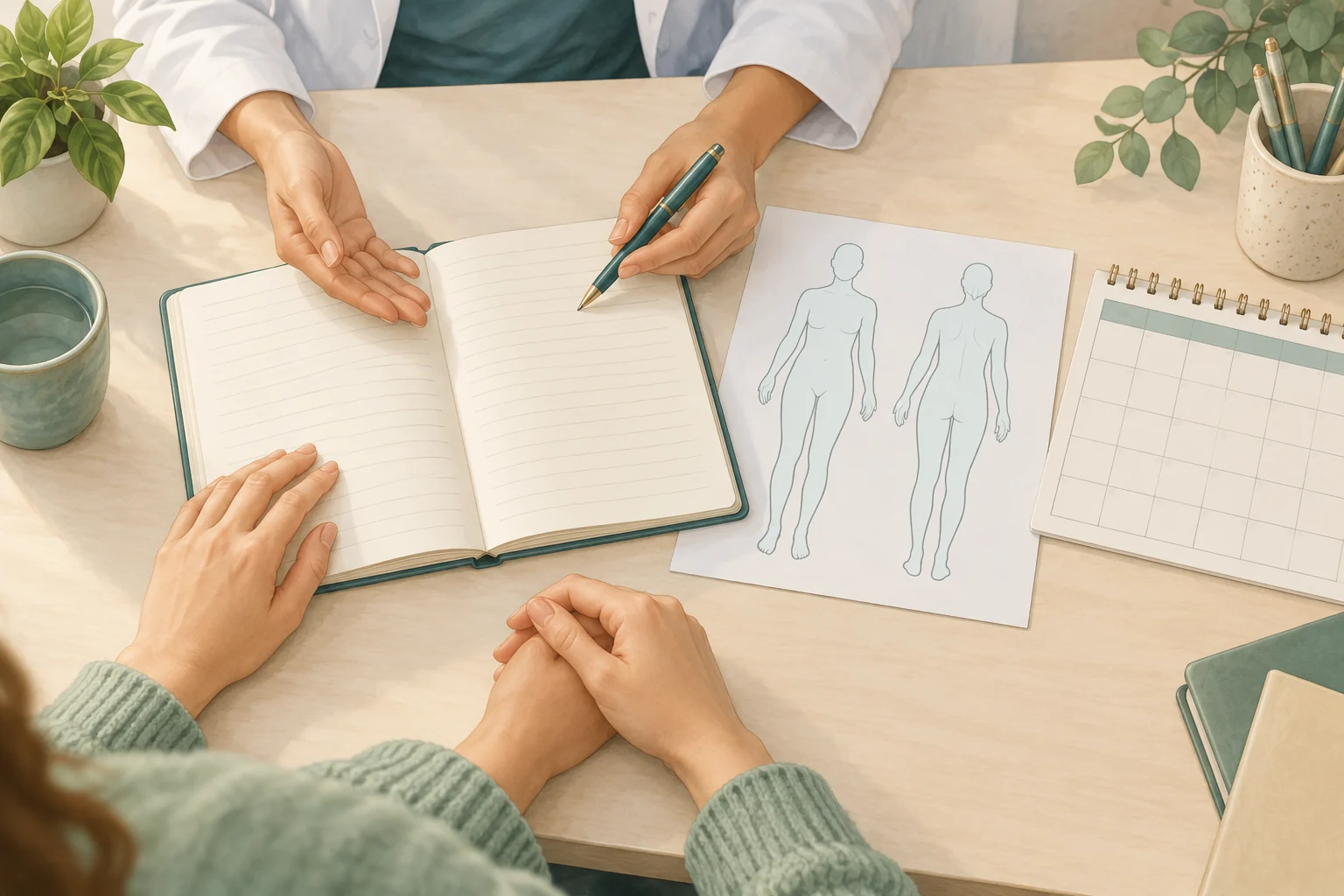 Hands use a blank body outline, journal, and calendar to organize a symptom history