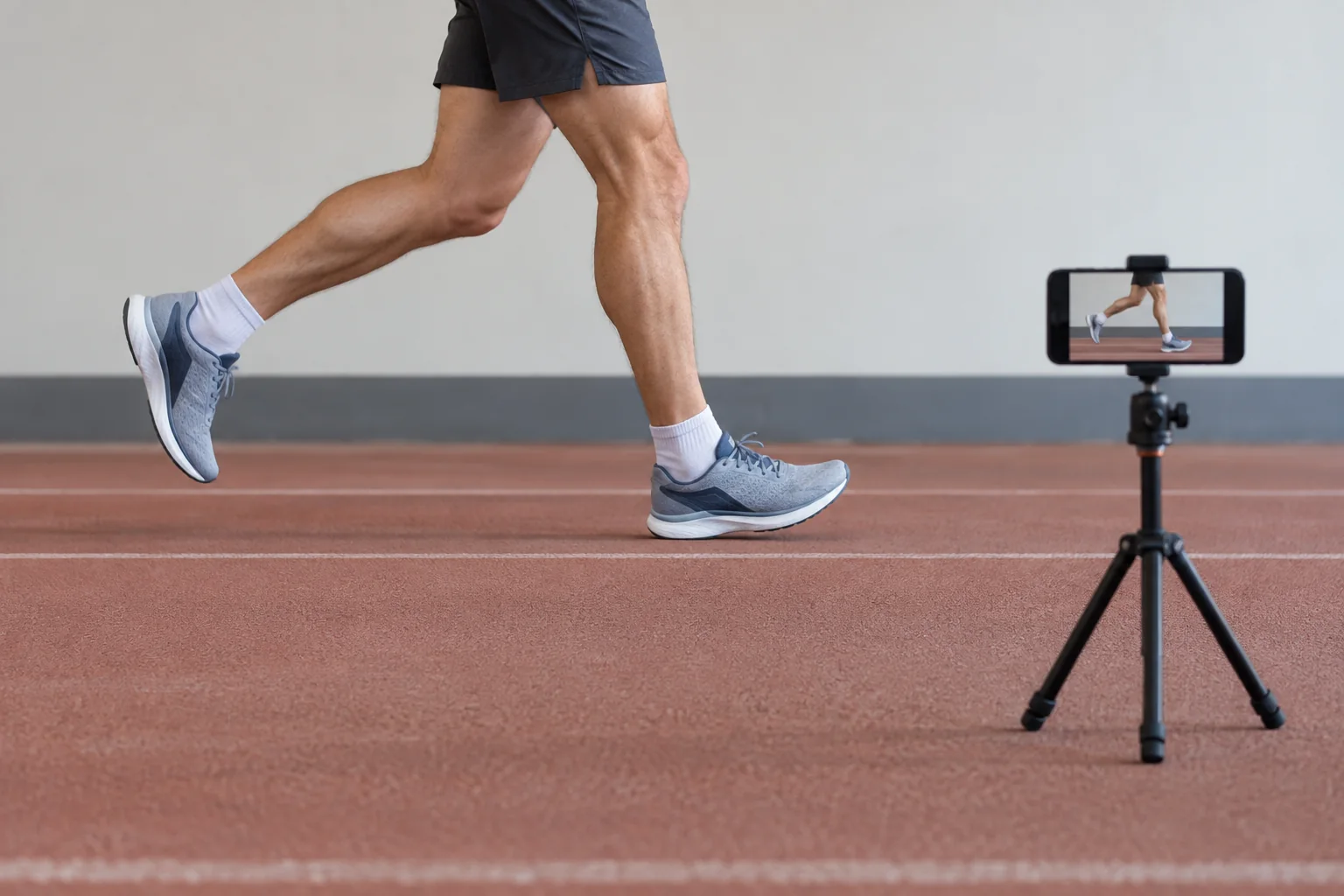 Face-free smartphone setup recording lower legs during an easy running assessment