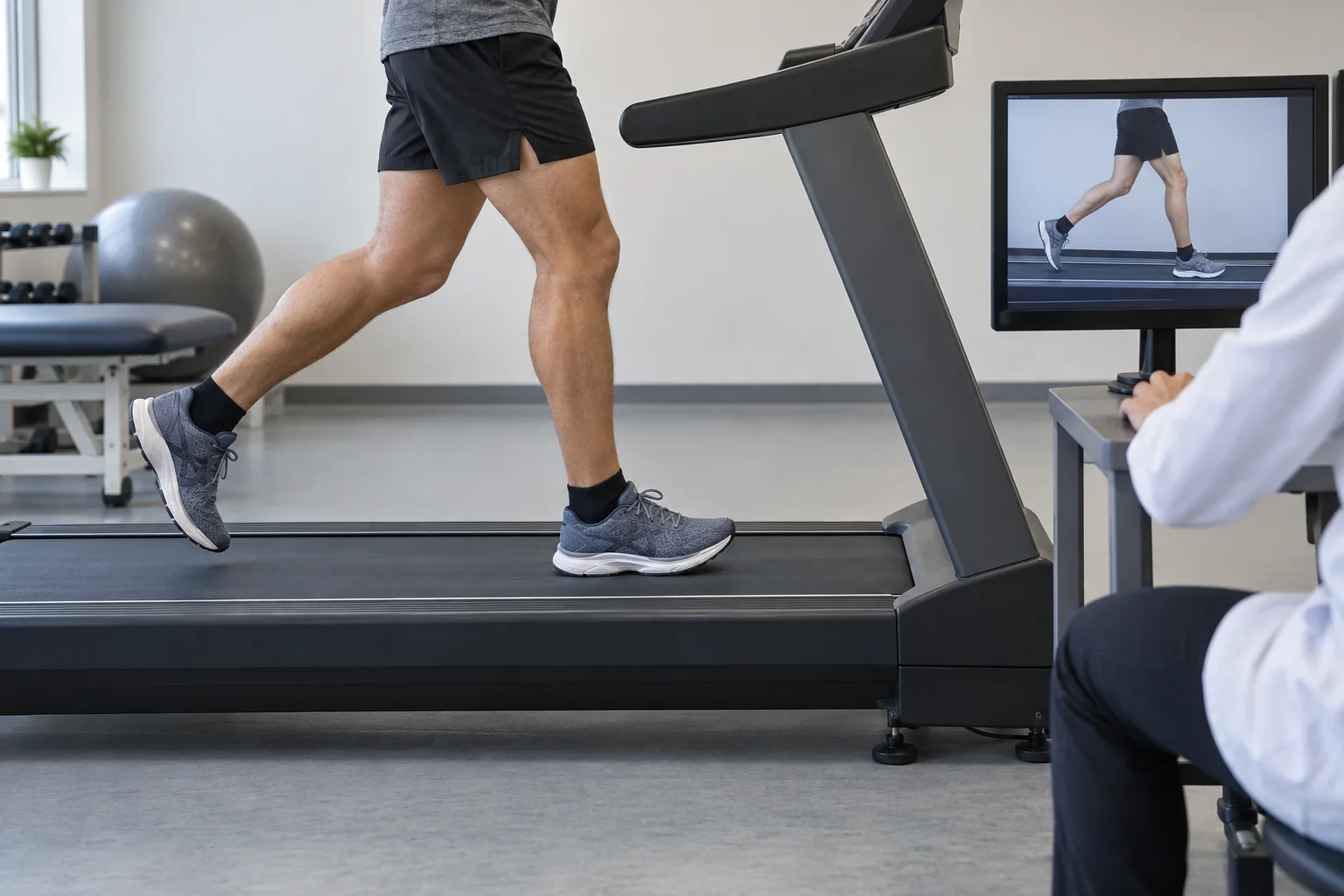 Face-free clinician review of a runner's lower-body movement on a video screen during gait assessment