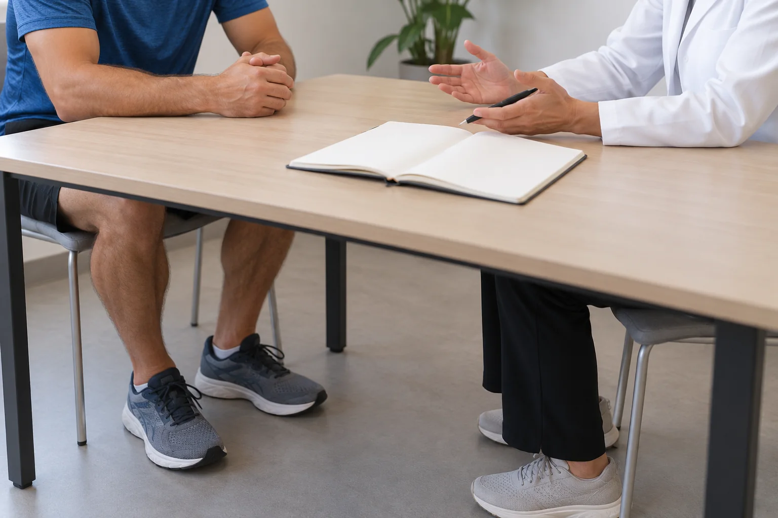 Face-free runner training shoes and a symptom journal beside a clinical discussion table