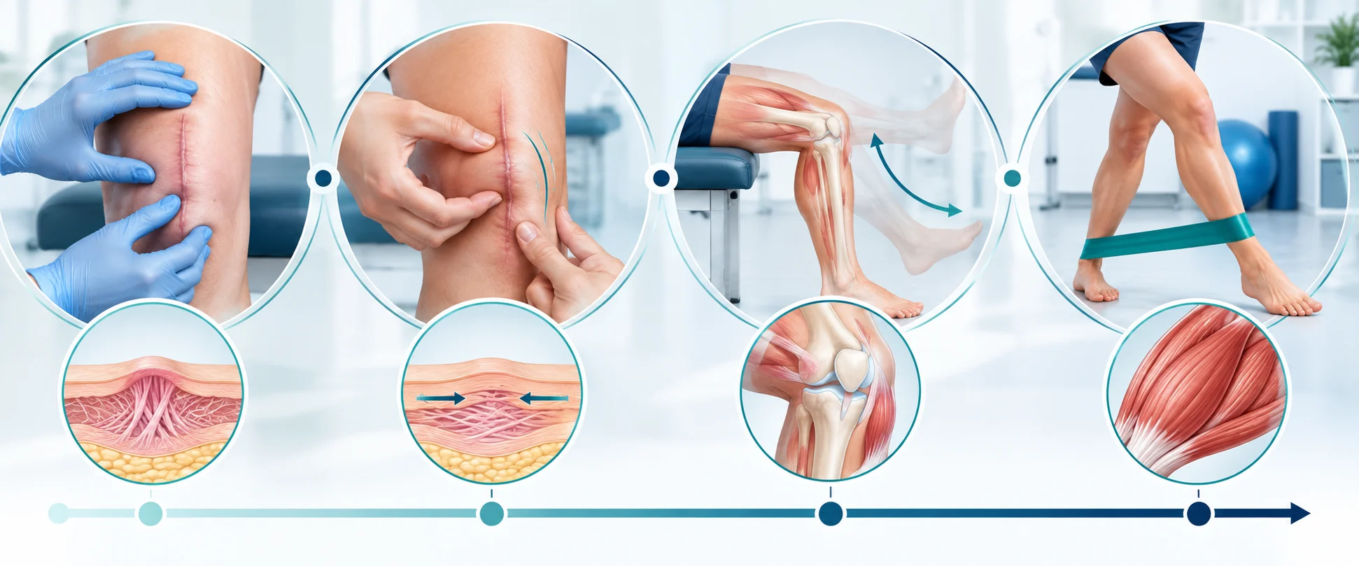 Face-free illustration of scar rehabilitation from assessment to mobility, range of motion, strengthening, and function