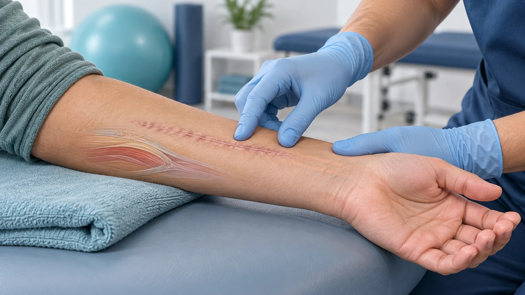 Face-free clinical illustration of a healed limb scar, tissue layers, and a gloved hand assessing skin mobility