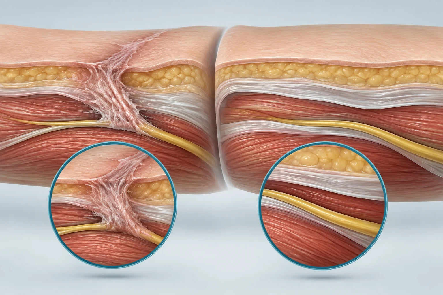 Face-free medical illustration of a healed skin scar over connective tissue and muscle layers during a mobility assessment