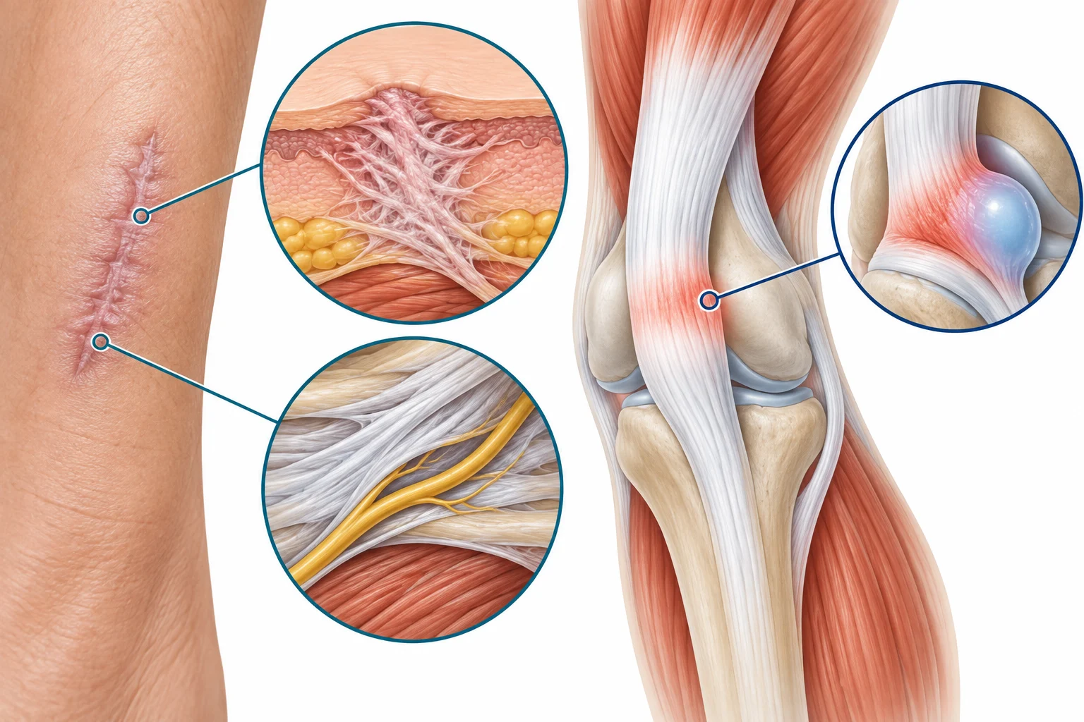 Face-free medical illustration comparing scar tethering with nearby nerve, tendon, joint, and swelling symptoms