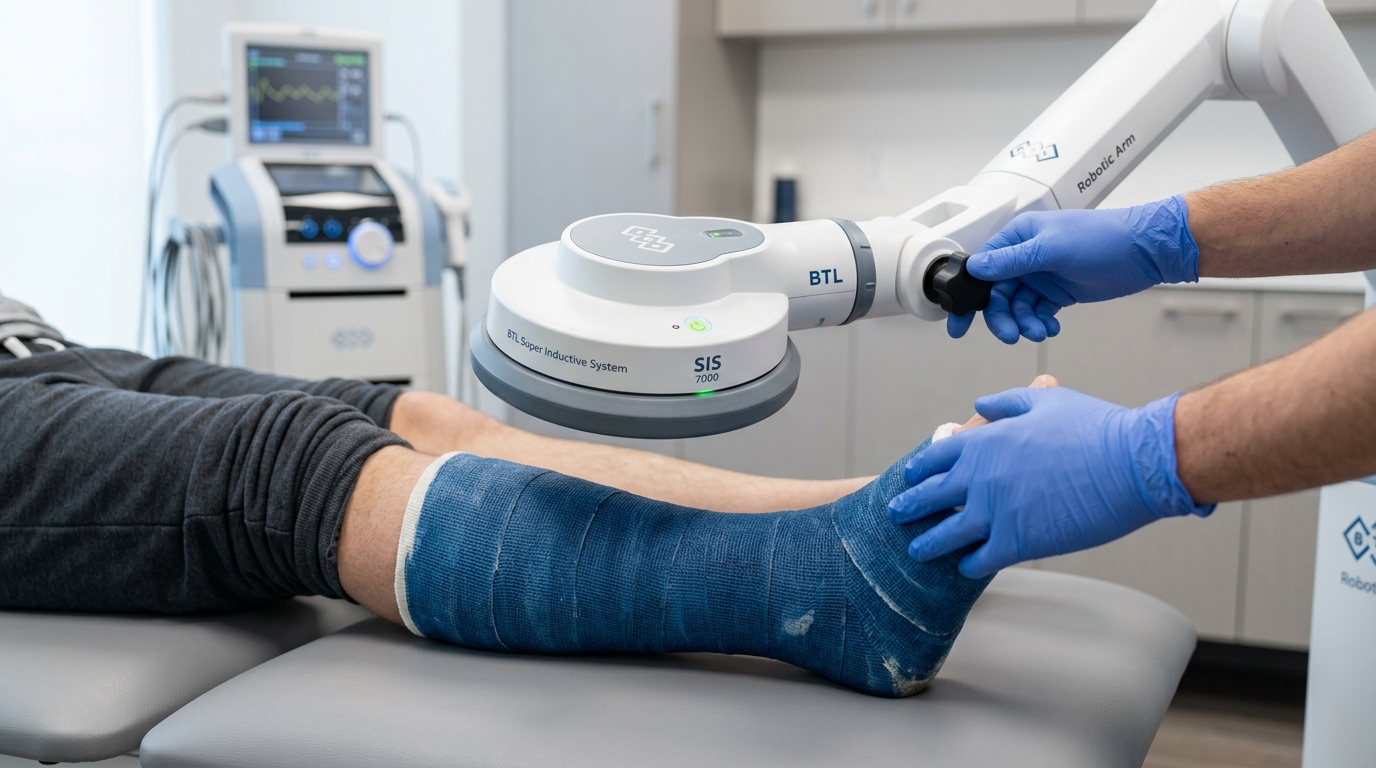 Super Inductive System (SIS) high-intensity electromagnetic therapy applicator positioned above a patient's leg fiberglass cast for contactless bone healing in Vigan City