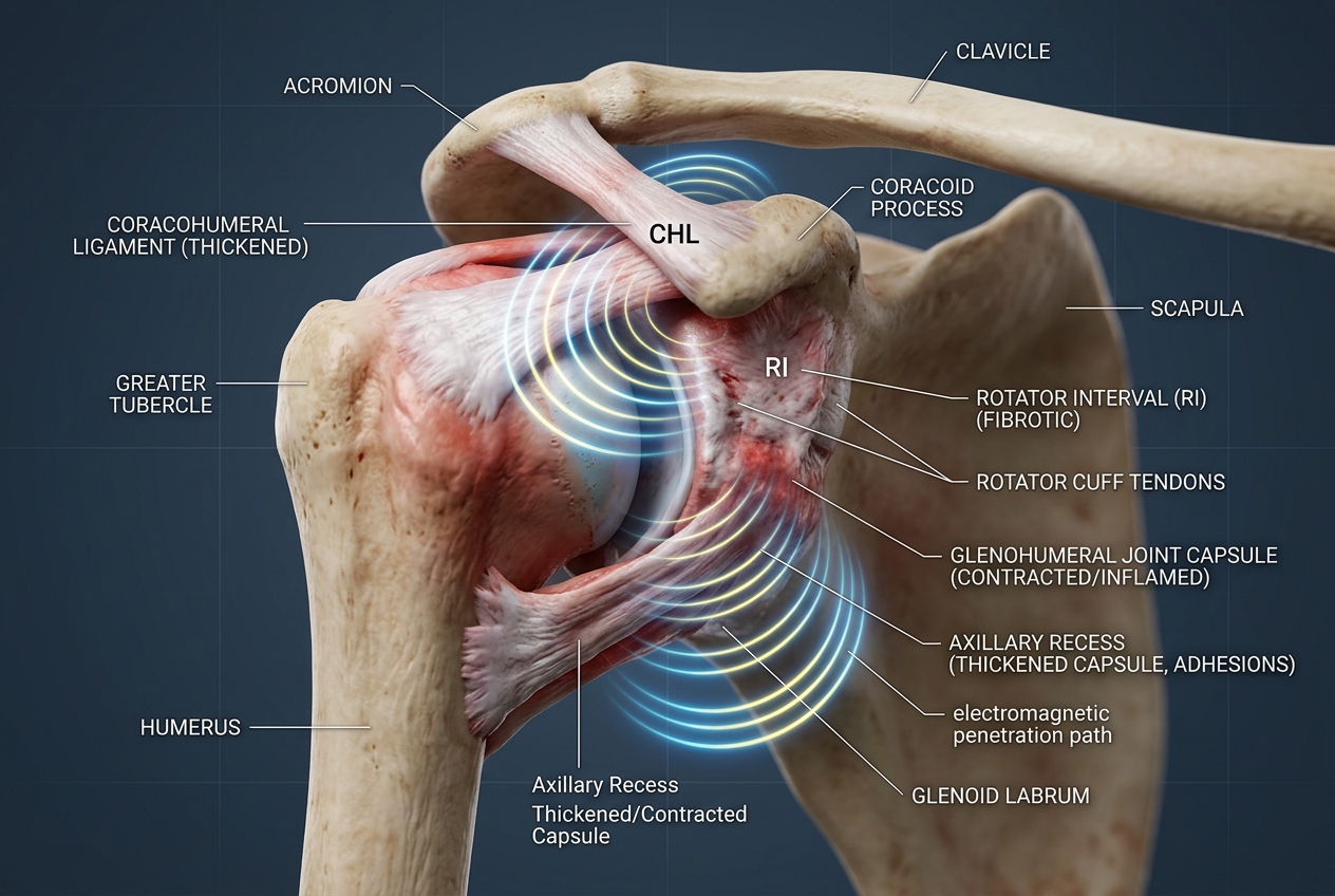 3D anatomical diagram of a shoulder joint with adhesive capsulitis illustrating 3.0 Tesla electromagnetic penetration path mobilizing the coracohumeral ligament and axillary recess