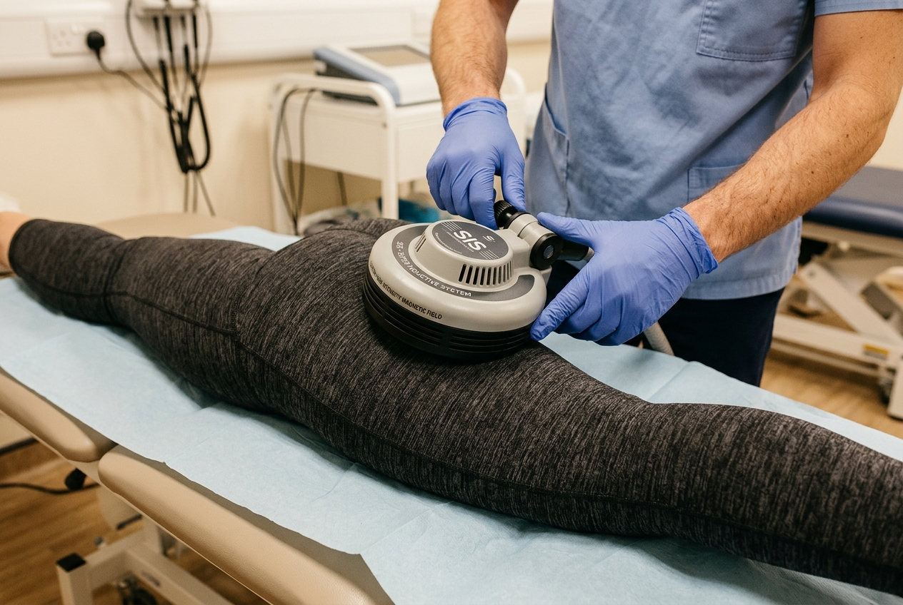 Close-up of a contactless Super Inductive System magnetic applicator treating a fully clothed patient for sciatica and piriformis pain