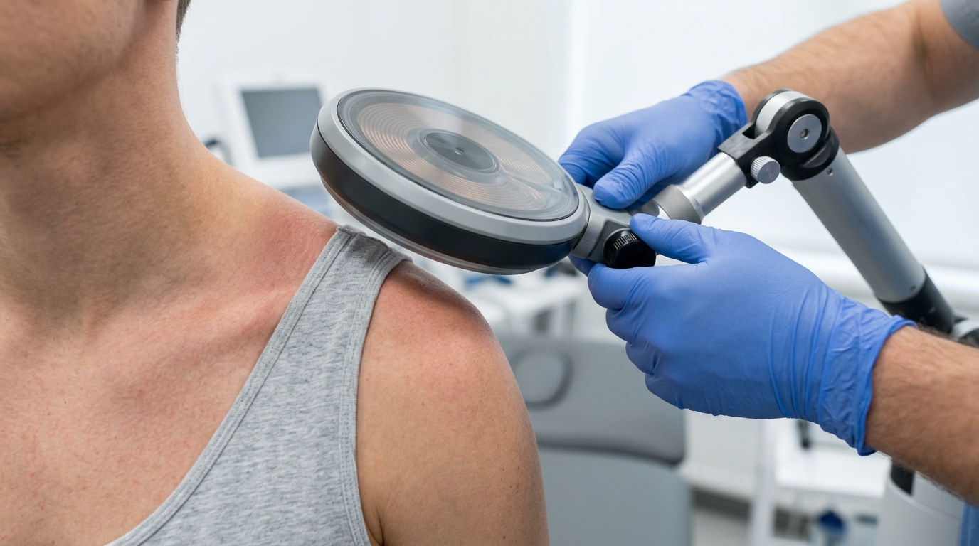 Super Inductive System (SIS) high-intensity electromagnetic therapy applicator positioned above a patient's shoulder joint for contactless joint mobilization in Vigan City