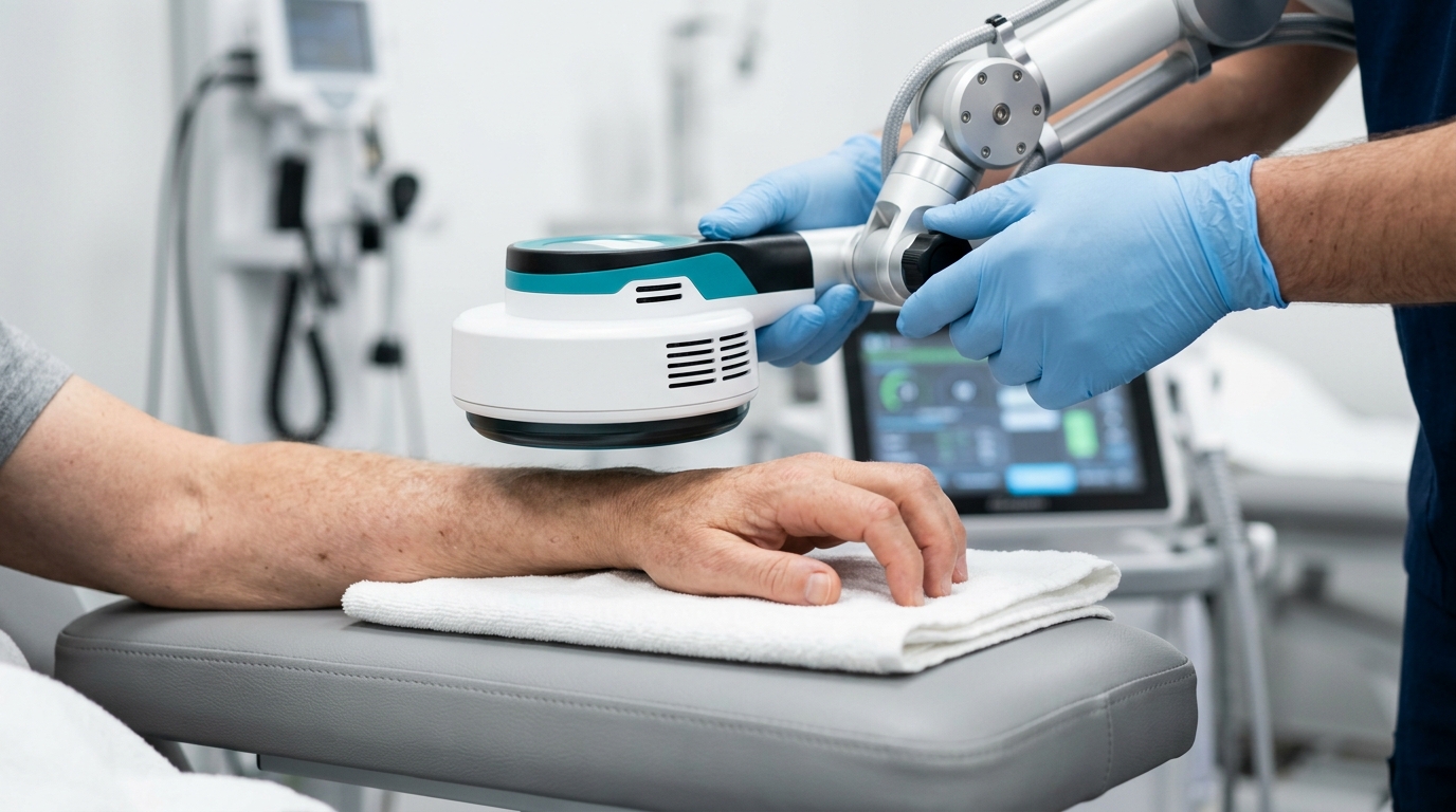 Super Inductive System (SIS) 3.0 Tesla high-intensity electromagnetic therapy applicator positioned over a stroke patient's spastic forearm and hand in Vigan City