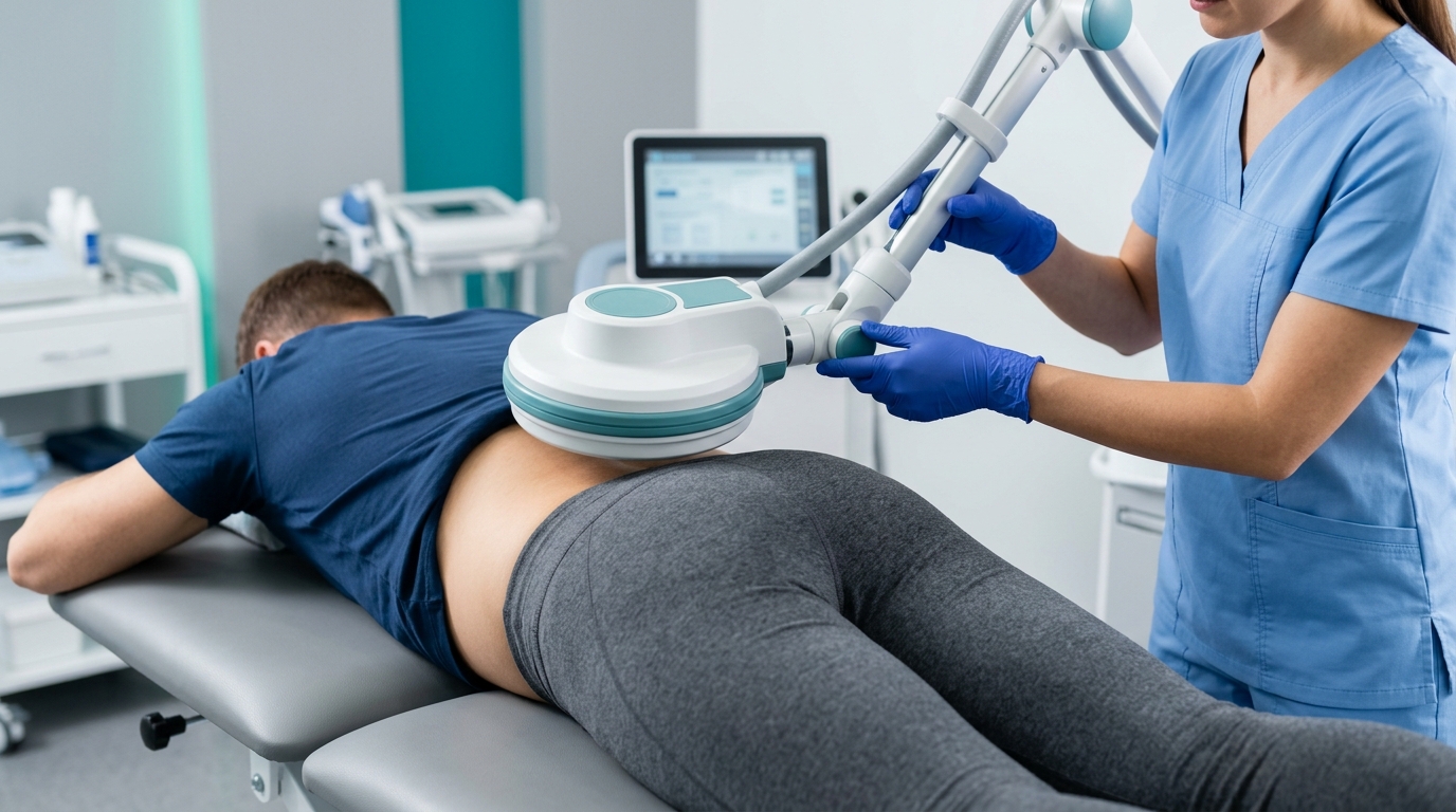 Super Inductive System (SIS) 3.0 Tesla electromagnetic therapy applicator positioned contact-free over a patient's lower back and lumbar spine in Vigan City