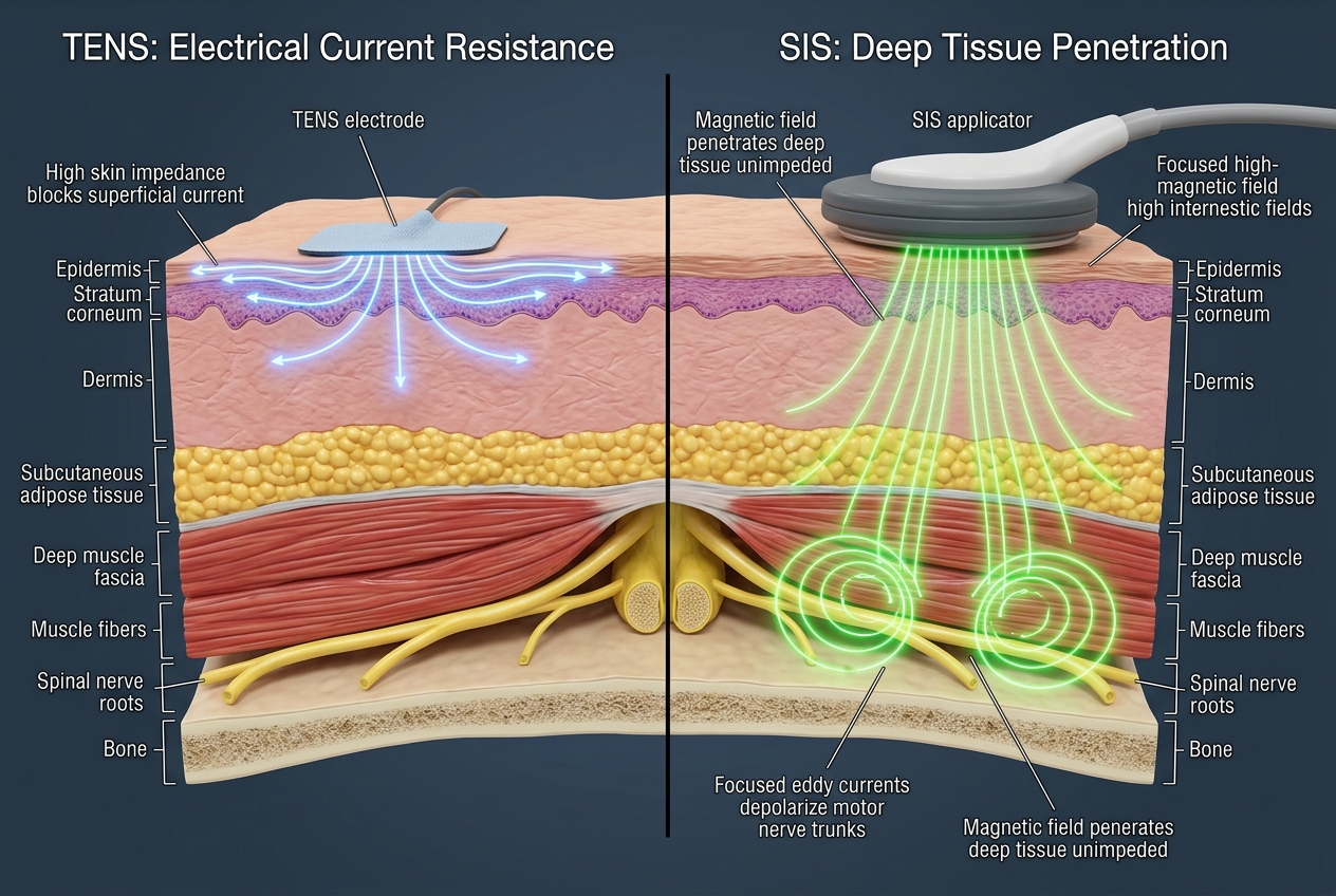 3D medical diagram comparing TENS superficial electrical current resistance and skin impedance with SIS deep electromagnetic induction and eddy current penetration