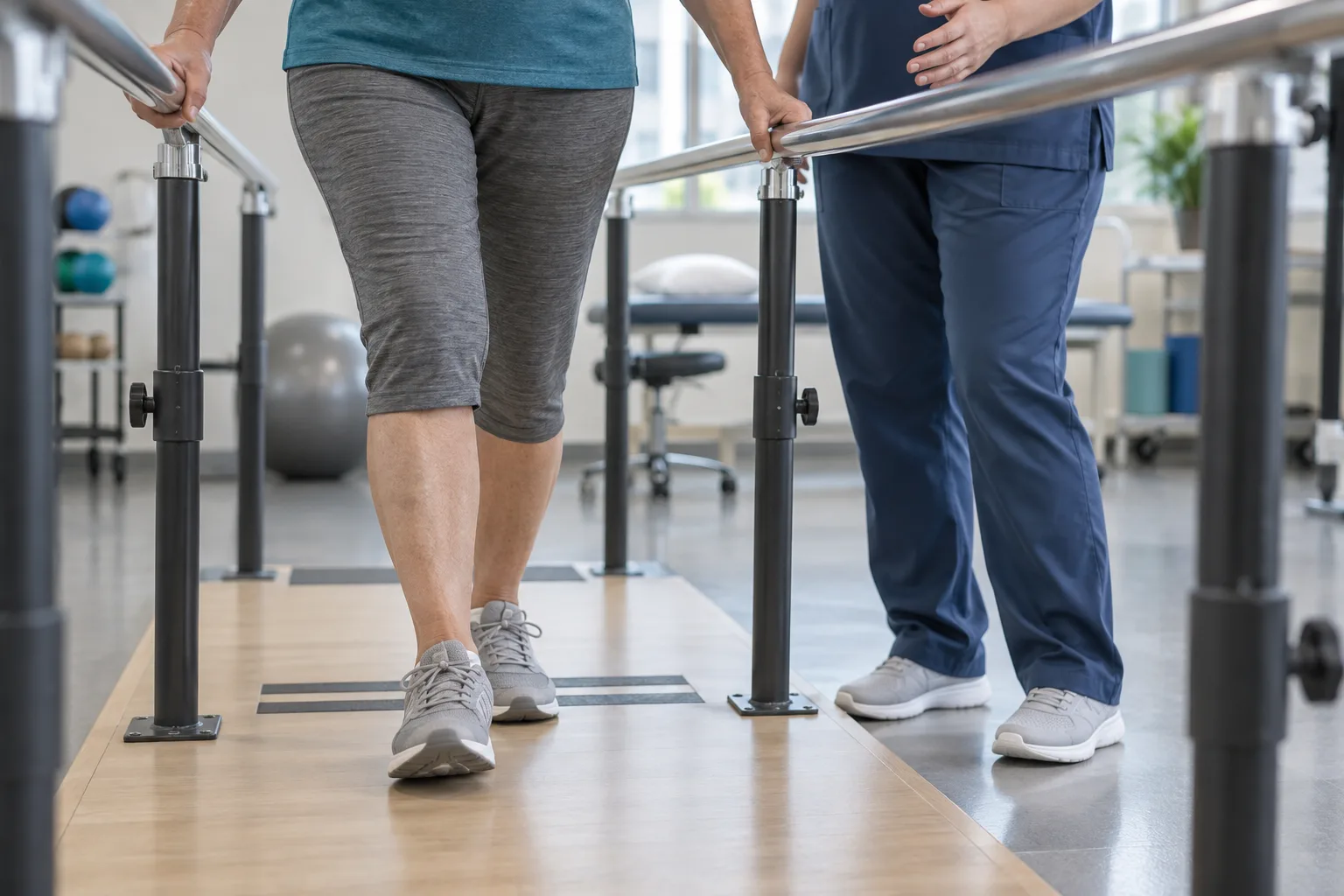 Close-up of lower legs walking beside parallel bars while a clinician observes; faces are outside the frame