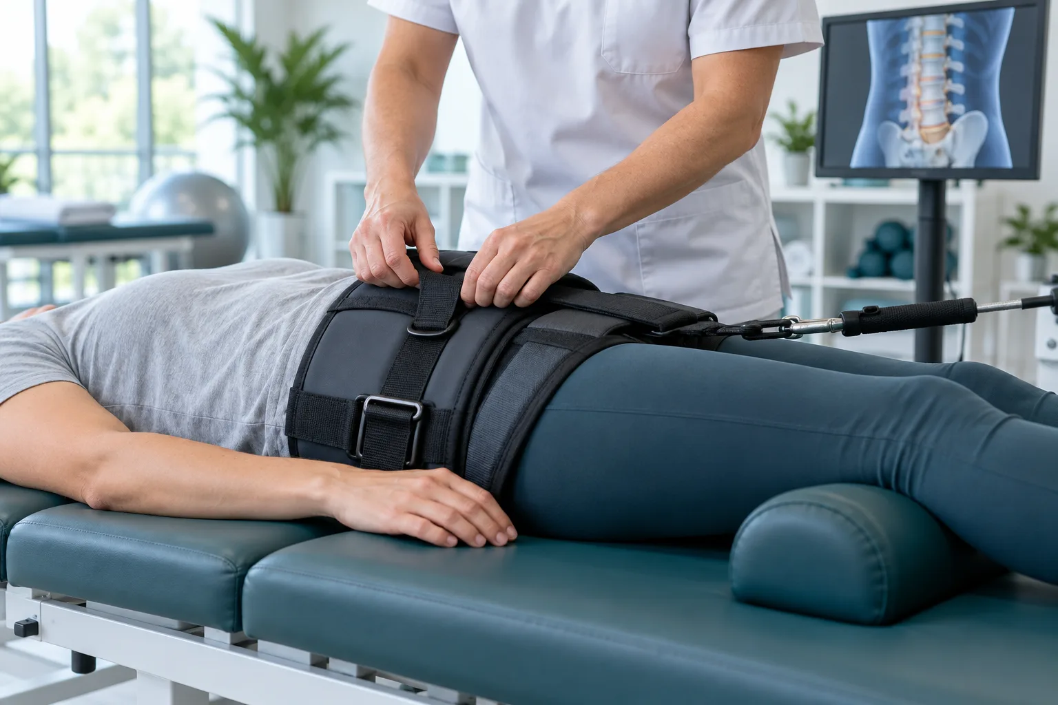 Face-free clinician adjusts a lumbar traction harness beside a spine monitor in a Vigan rehabilitation clinic