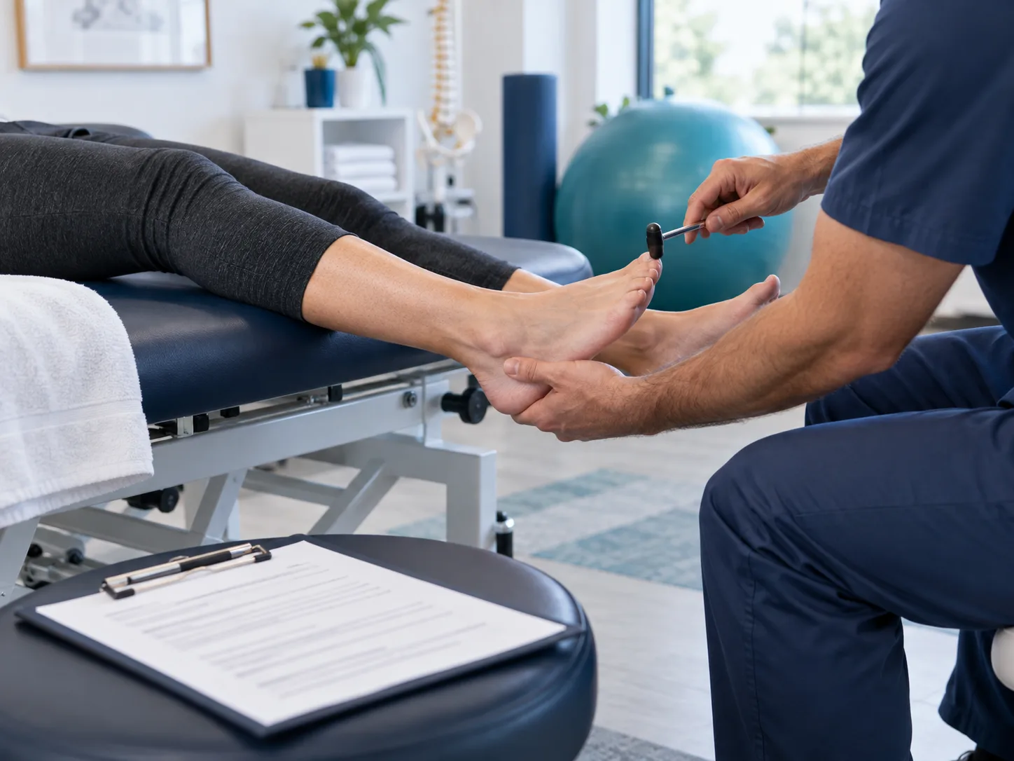 Face-free clinician checks ankle strength and sensation during a lower-limb neurological screening in rehabilitation clinic