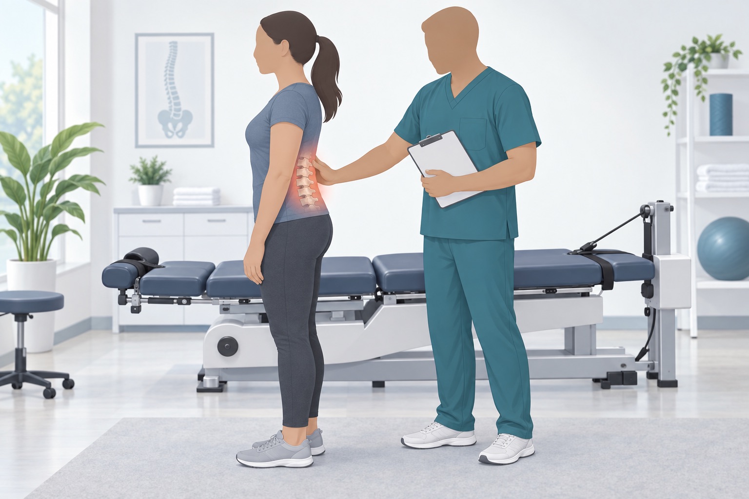 Clinician discussing lumbar symptoms and assessment before a mechanical traction session