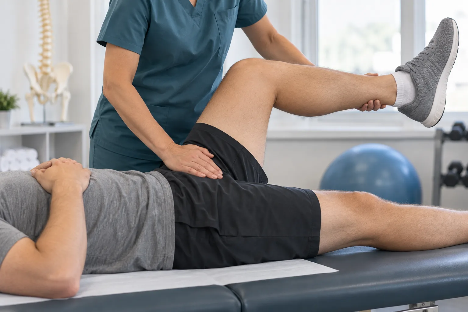 Clinician checks lumbar movement and leg strength during a shoulder-cropped spine assessment; no face is visible