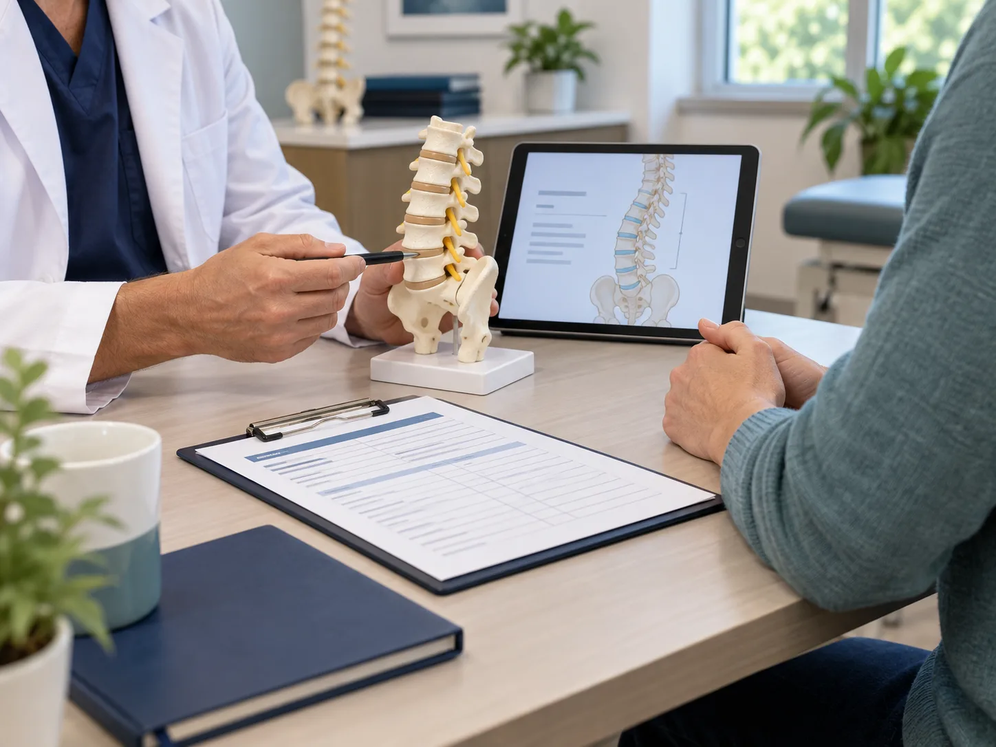 Clinician and patient review a lumbar spine model and an unfilled treatment-planning sheet during a face-free consultation