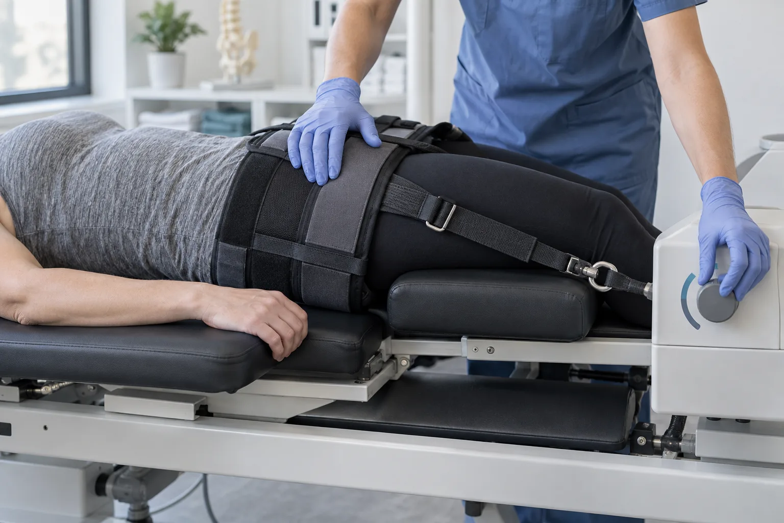 Gloved hands adjusting a pelvic harness and control dial during monitored lumbar traction; no face is visible