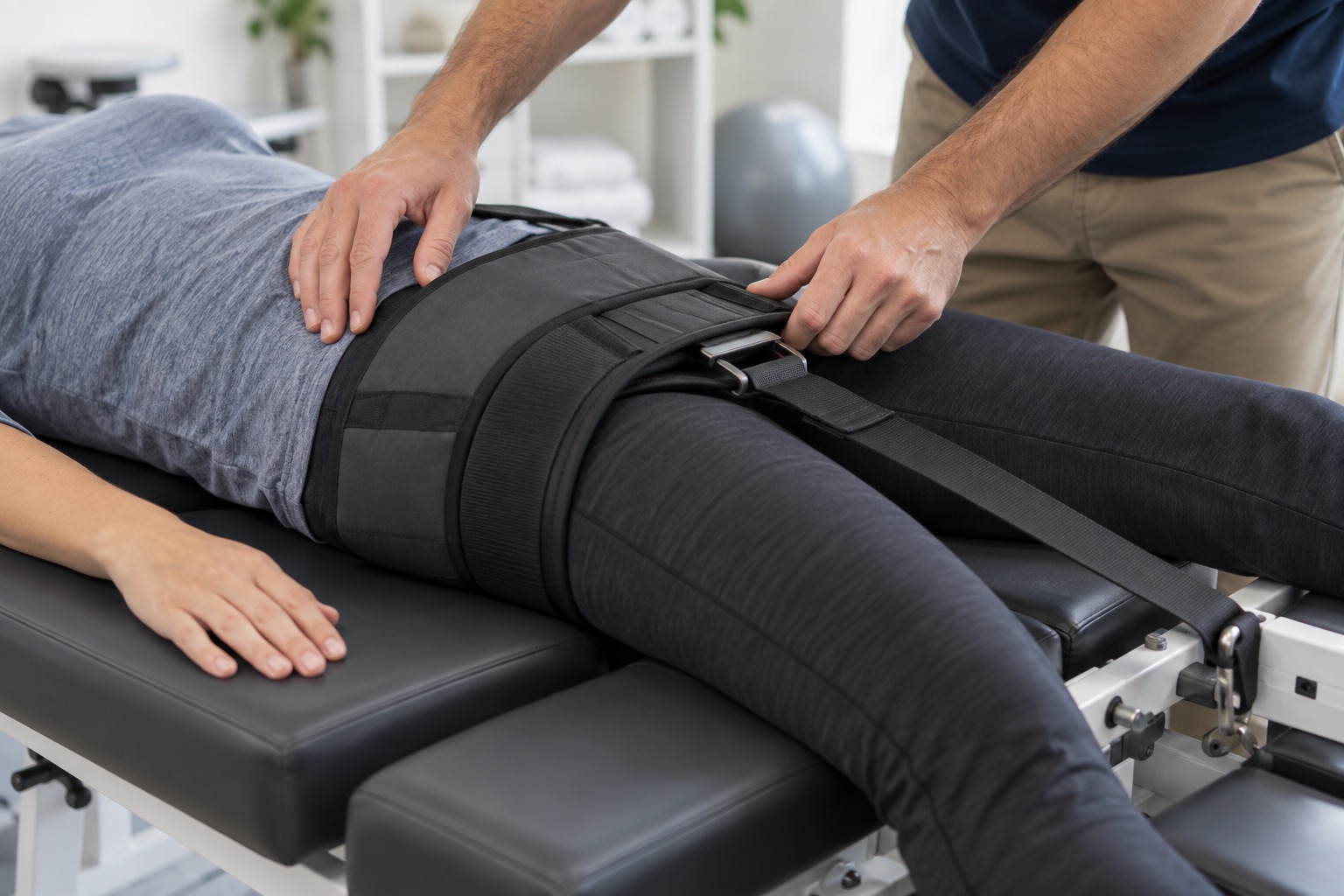 Therapist adjusting a padded pelvic harness on a fully clothed patient before lumbar traction