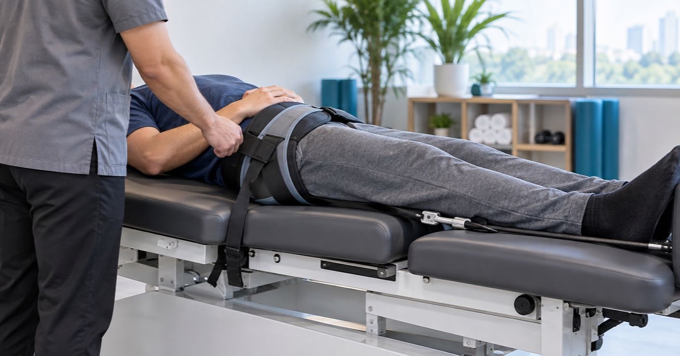 Patient on a lumbar traction table as a clinician explains the harness setup