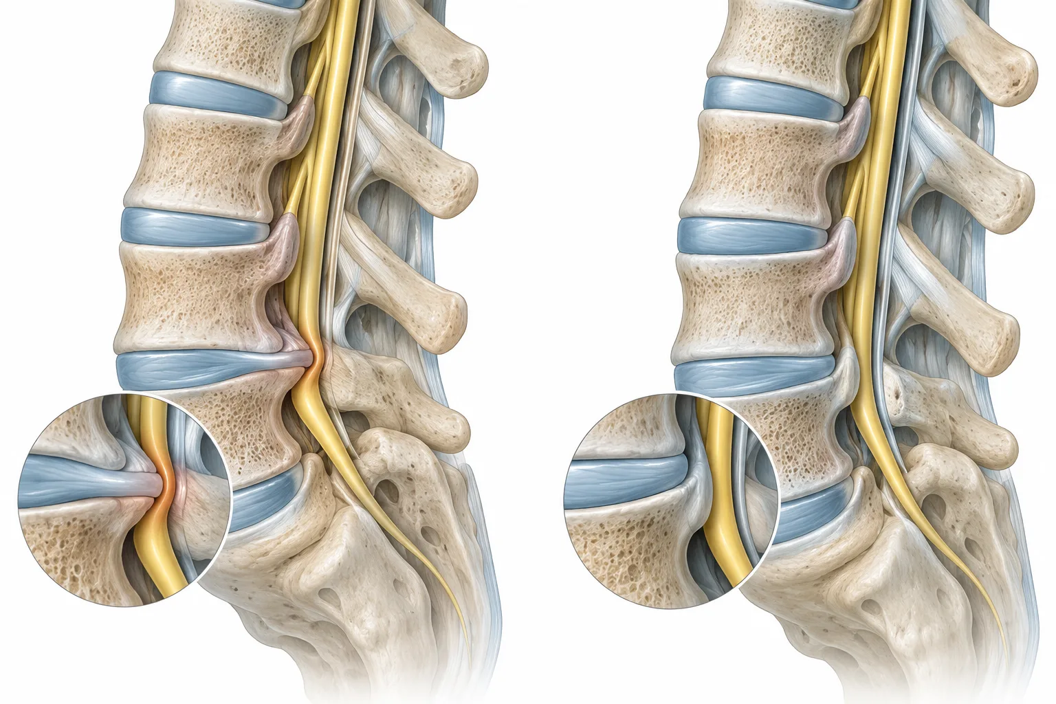 Medical illustration comparing lumbar nerve-root spacing and disc loading in two side views, without labels or faces