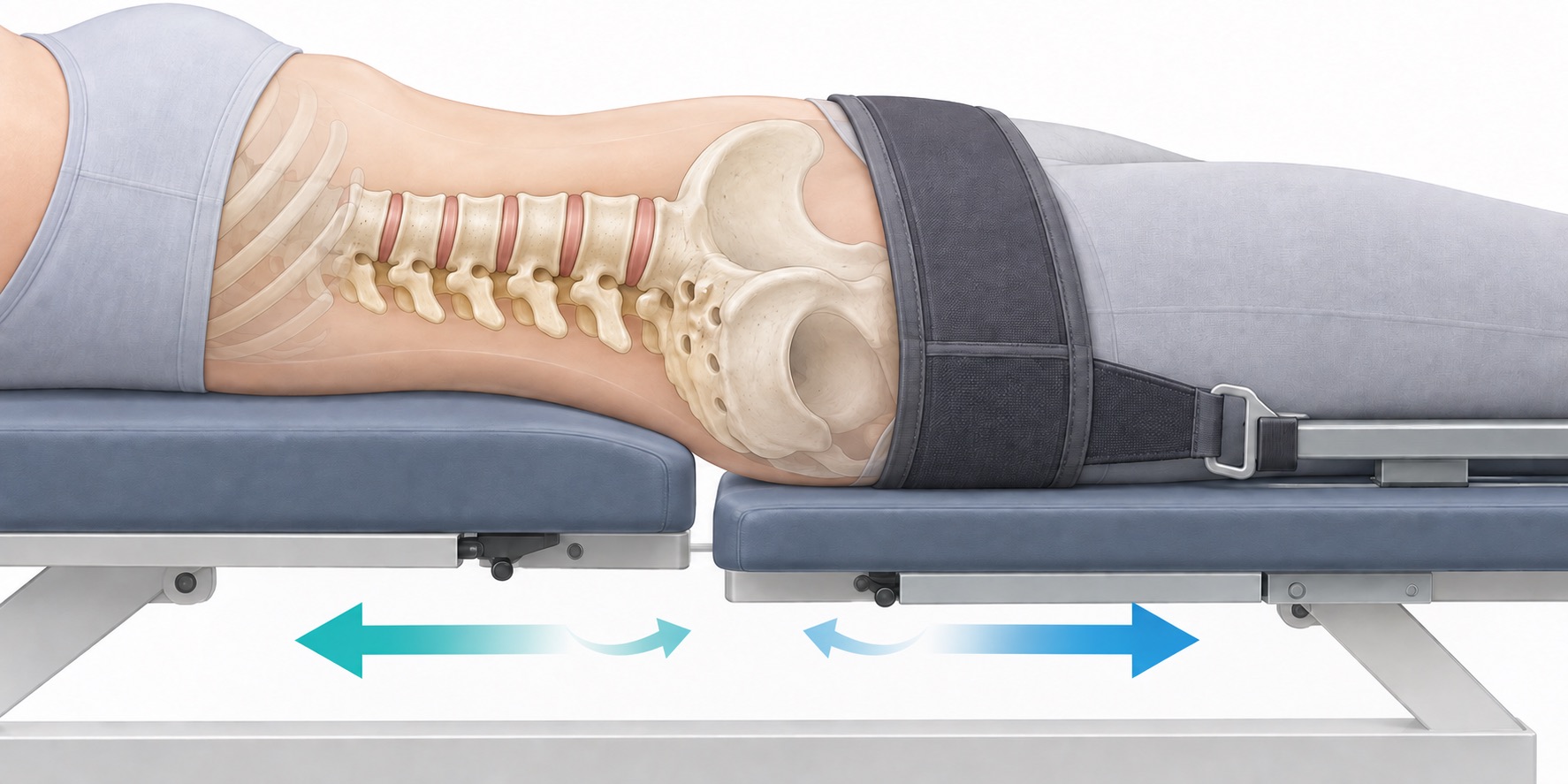 Simplified educational illustration of a lumbar traction table, pelvic harness, and gentle pull and release direction