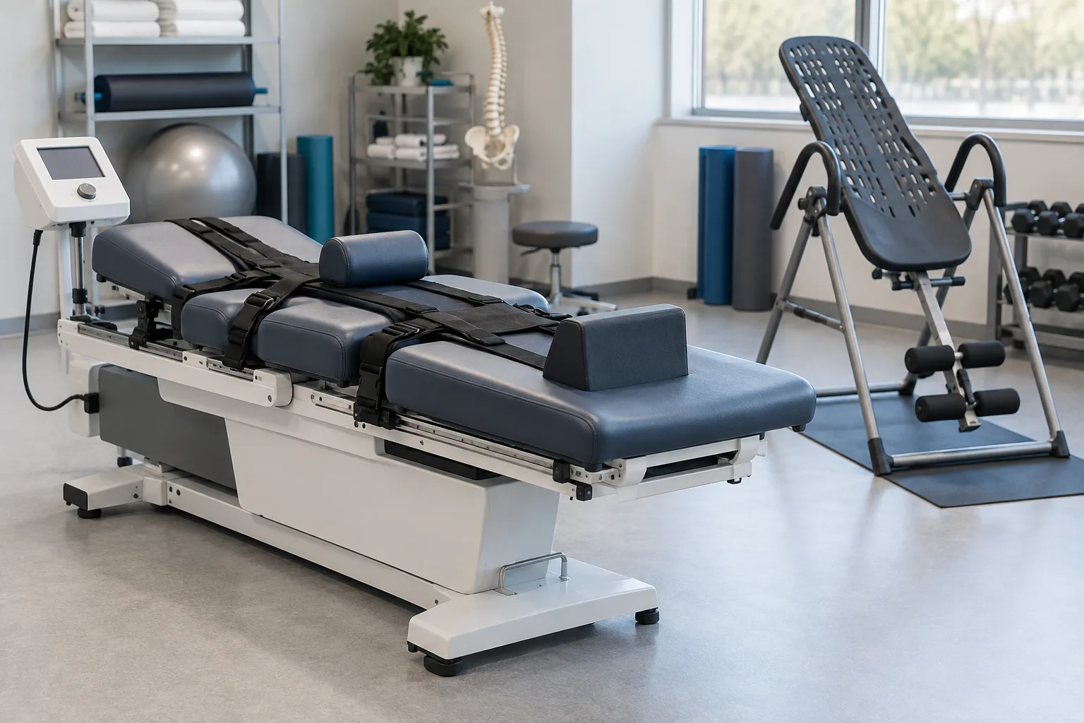 Horizontal lumbar traction table beside an inversion table in a neutral clinic equipment room