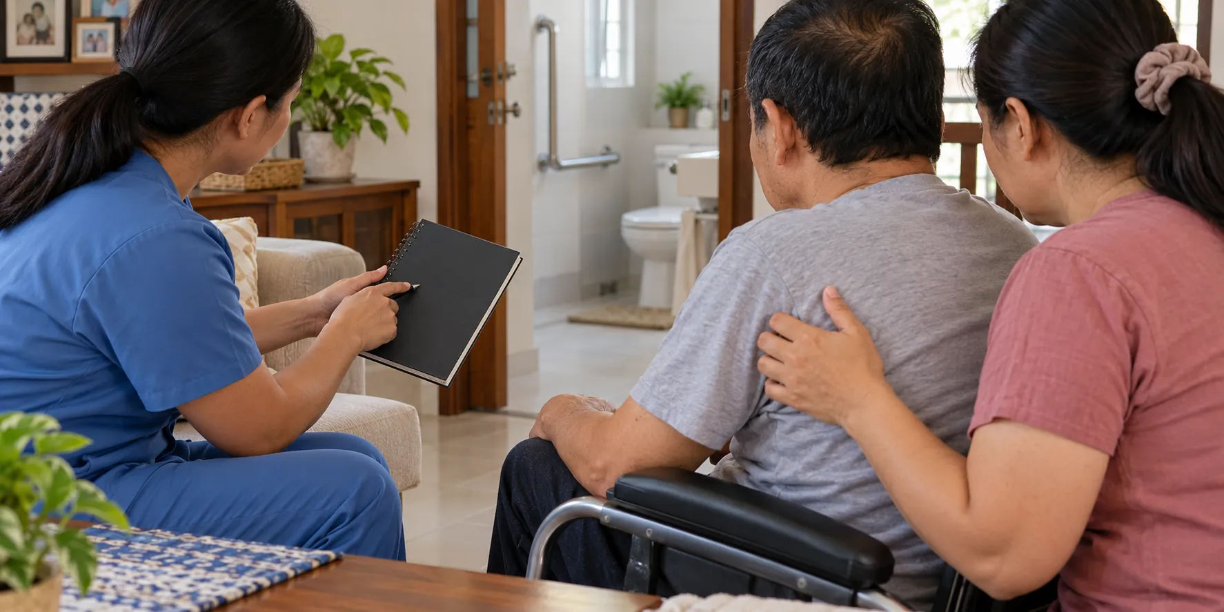 Clinician consulting with a caregiver about bladder and bowel care for a stroke survivor.
