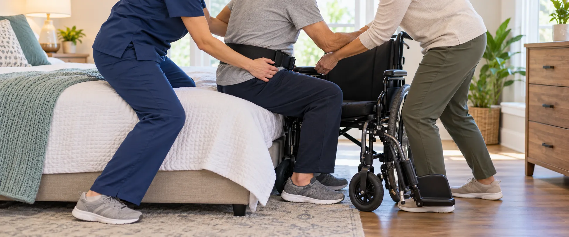 A rehabilitation clinician and caregiver help a patient transfer safely from a bed to a wheelchair.