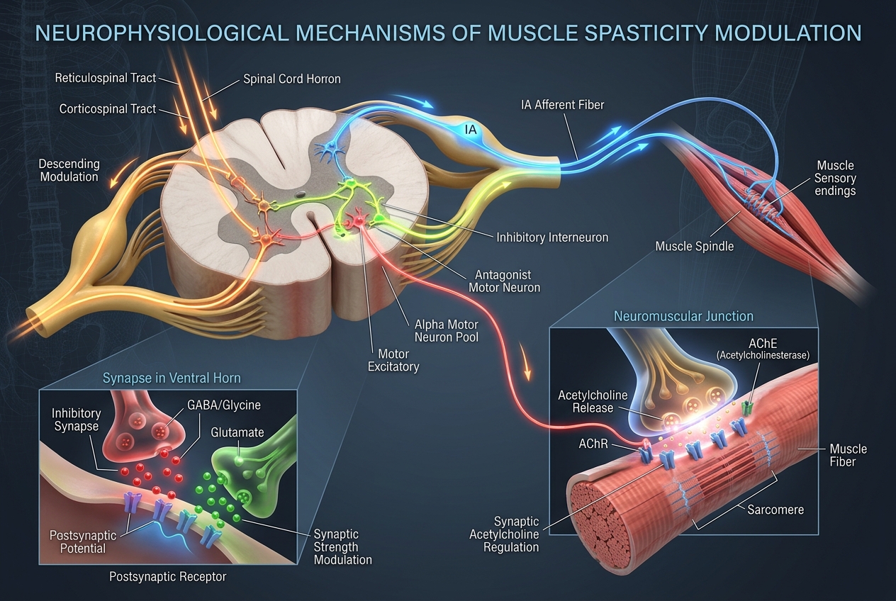 3D medical diagram of spinal reflex arcs and neuromuscular junction pathways demonstrating high-frequency electromagnetic synaptic fatigue and reciprocal Ia inhibition