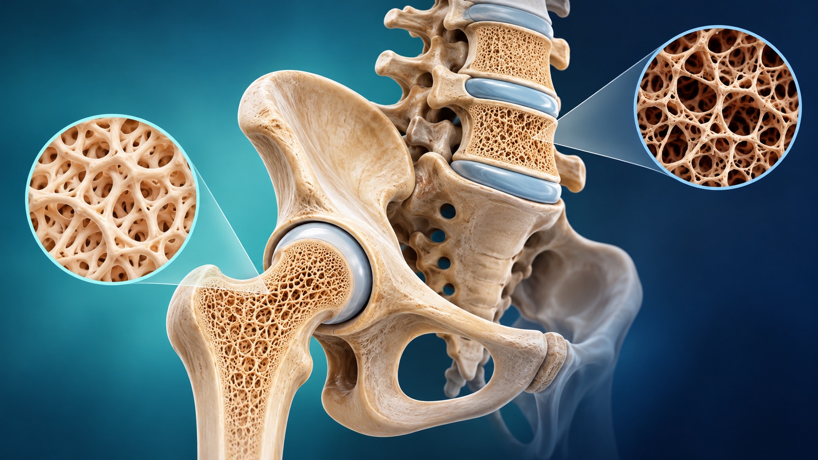 Text-free medical illustration of the hip and lumbar spine with detailed cancellous bone structure