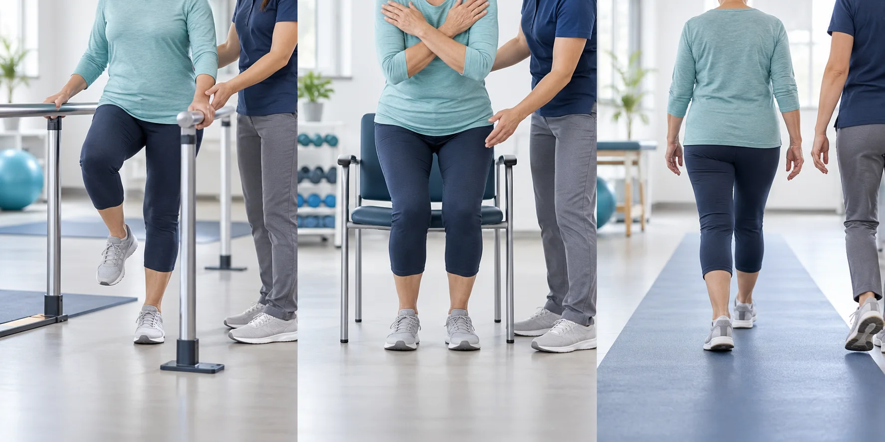 Rehabilitation professional guiding a supported strength and balance exercise plan