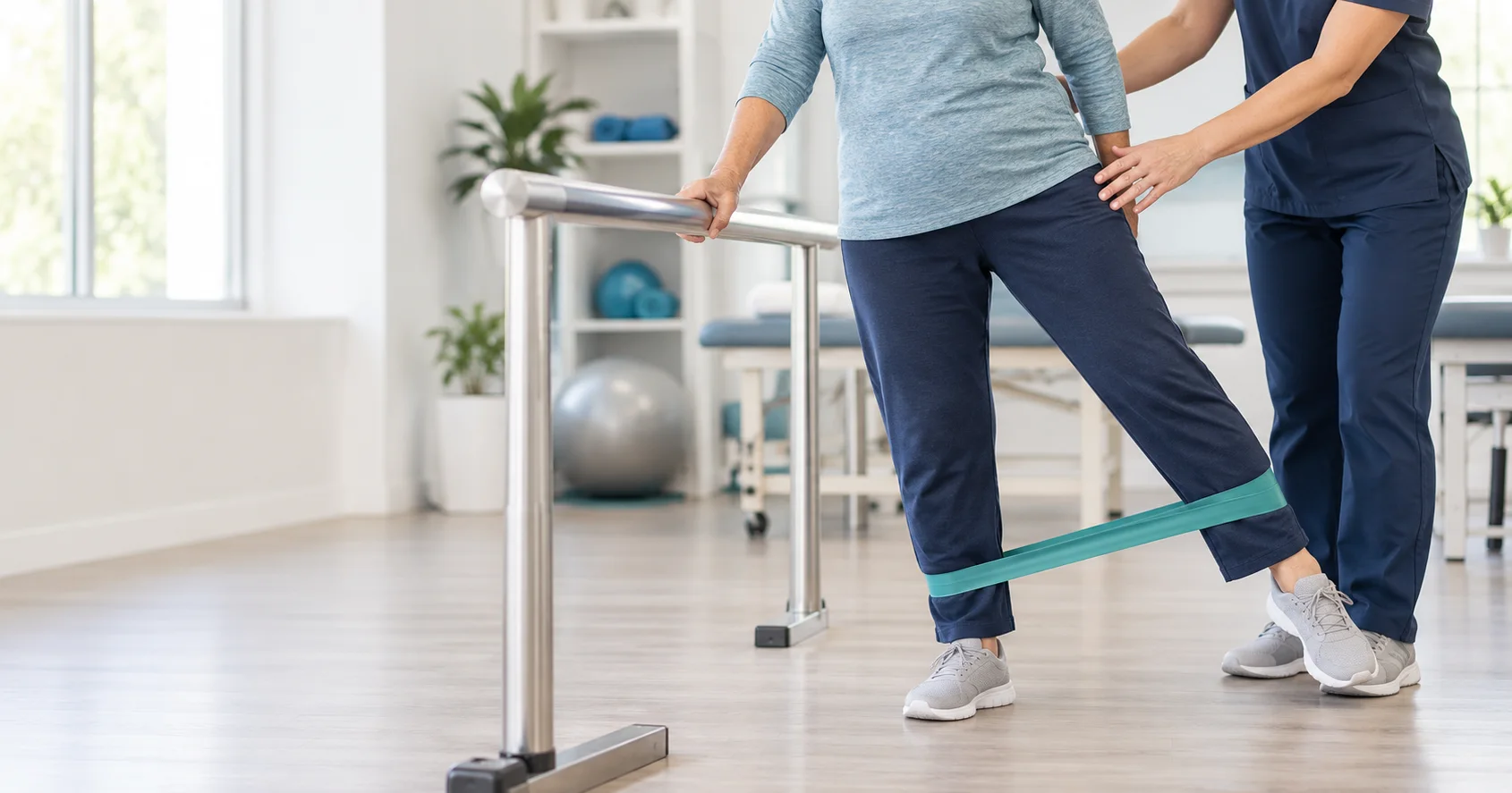 Older adult practicing supported strength and balance exercise with a rehabilitation professional