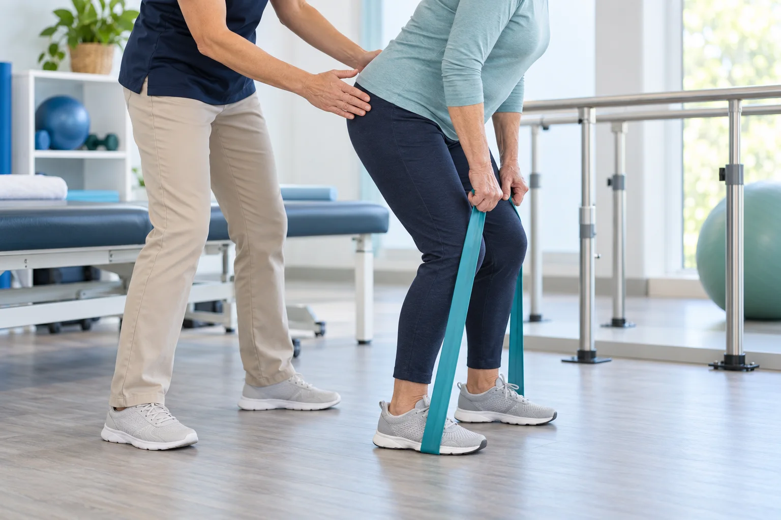 Face-free view of a therapist guiding a neutral-spine hip-hinge exercise with a resistance band