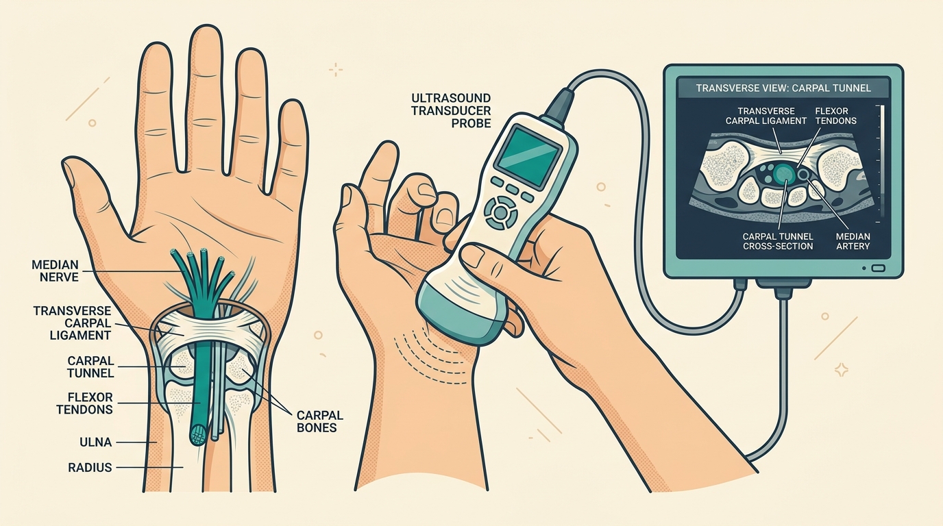 Physiatrist evaluating median nerve compression on ultrasound in Vigan clinic
