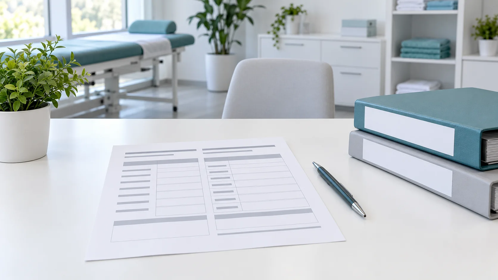 Blank rehabilitation cost comparison worksheet on a clinic desk