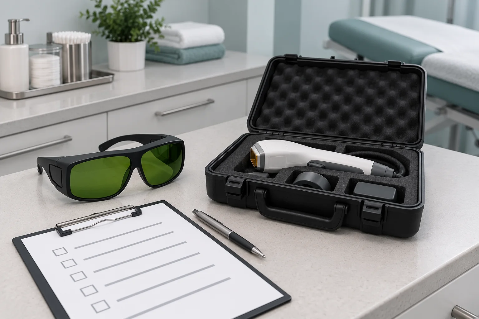 Protective eyewear and a powered-off therapeutic laser in a case beside a blank safety checklist