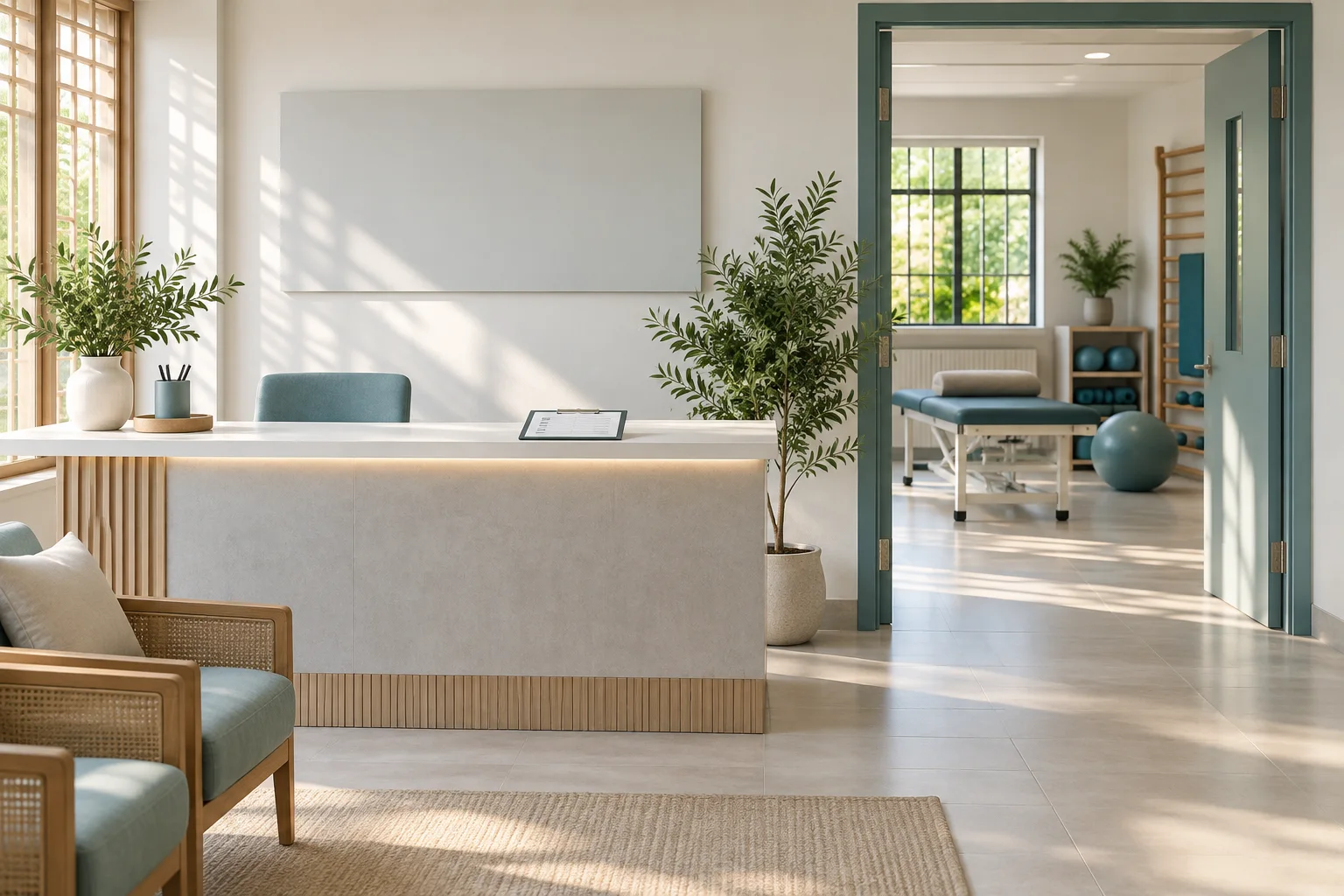 Empty rehabilitation clinic reception and therapy room with a blank appointment clipboard