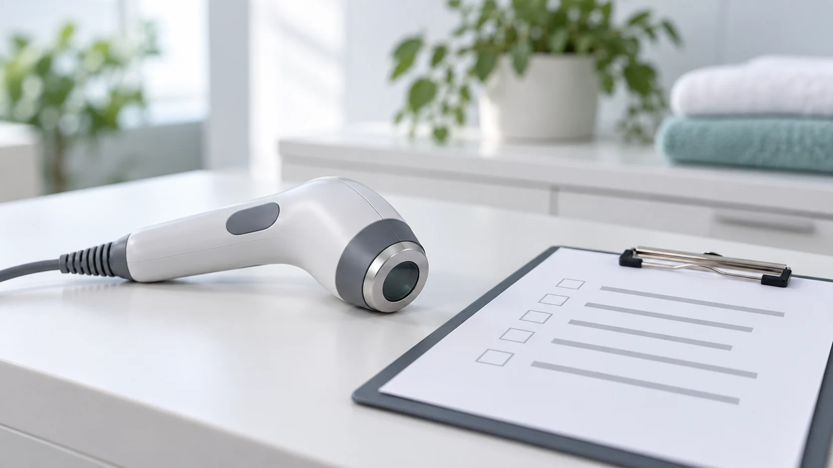 Therapeutic laser beside a blank rehabilitation cost checklist