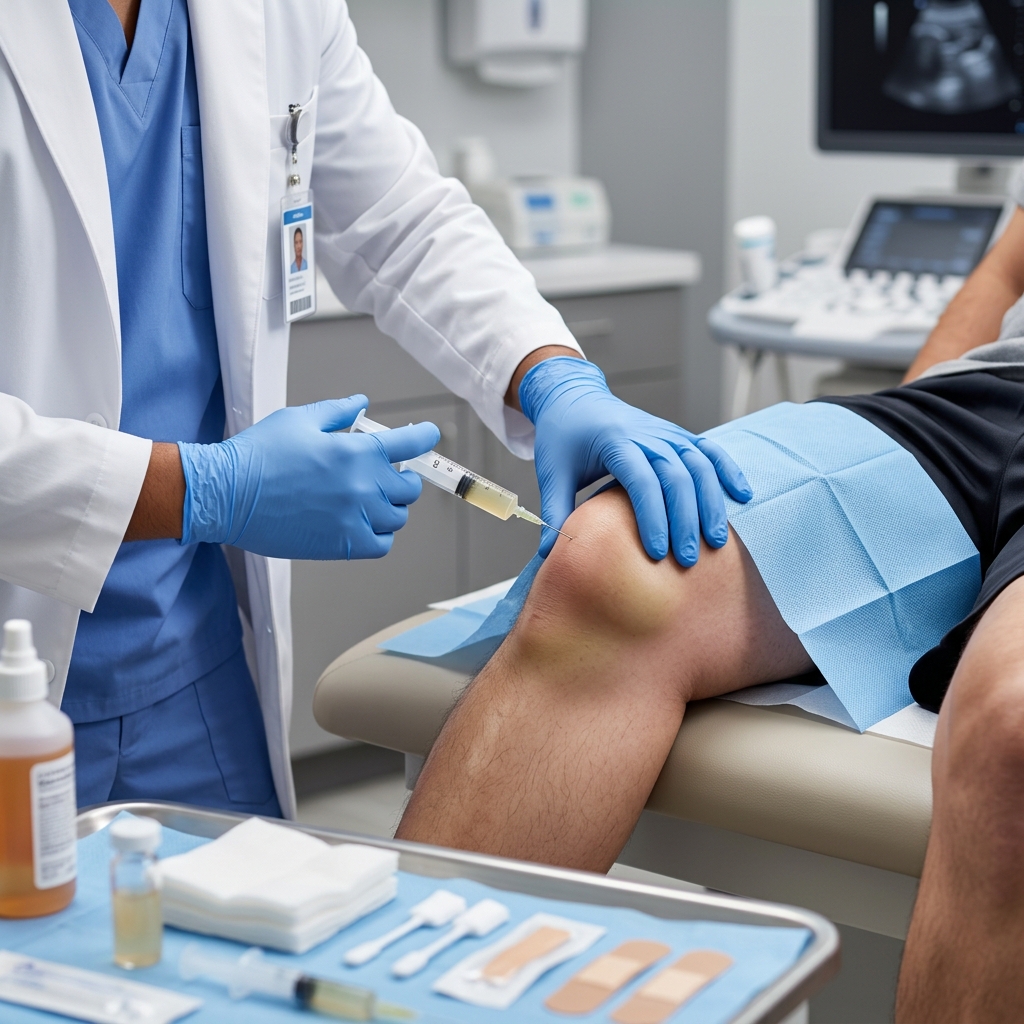 Physician performing therapeutic joint aspiration (arthrocentesis) on a swollen knee