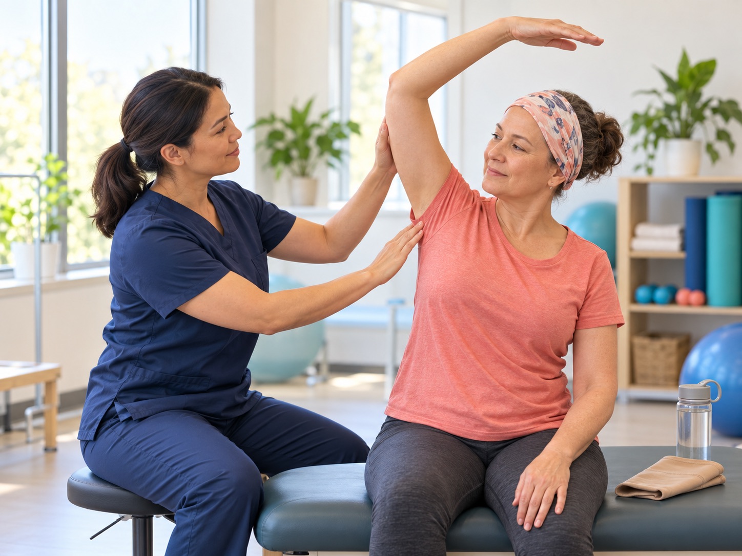 Clinician guiding gentle shoulder movement during a rehabilitation assessment