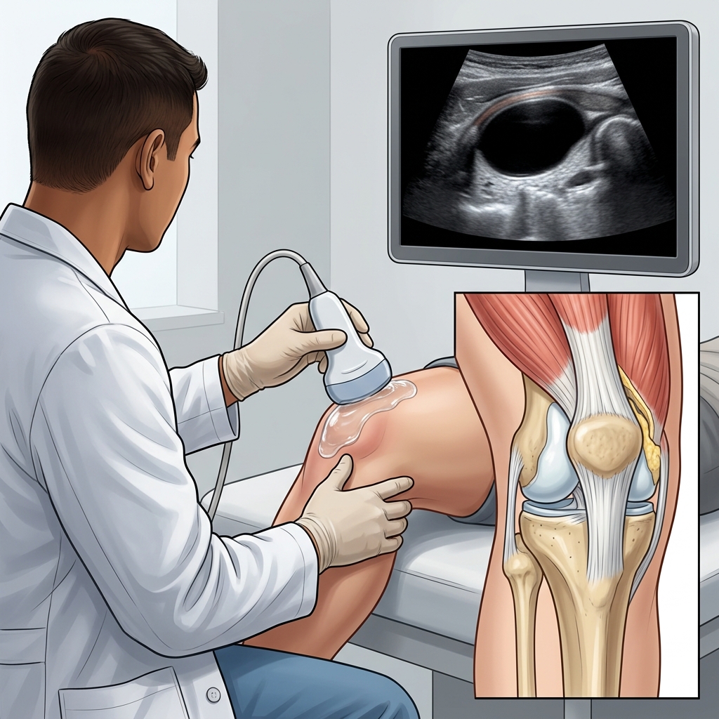 Physician using MSK ultrasound to examine a patient's swollen knee
