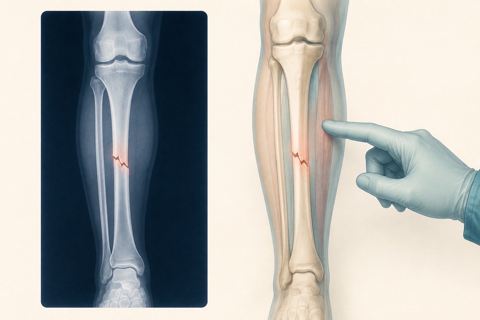 AI-generated educational illustration of fracture alignment, bone healing stages and surrounding soft tissue