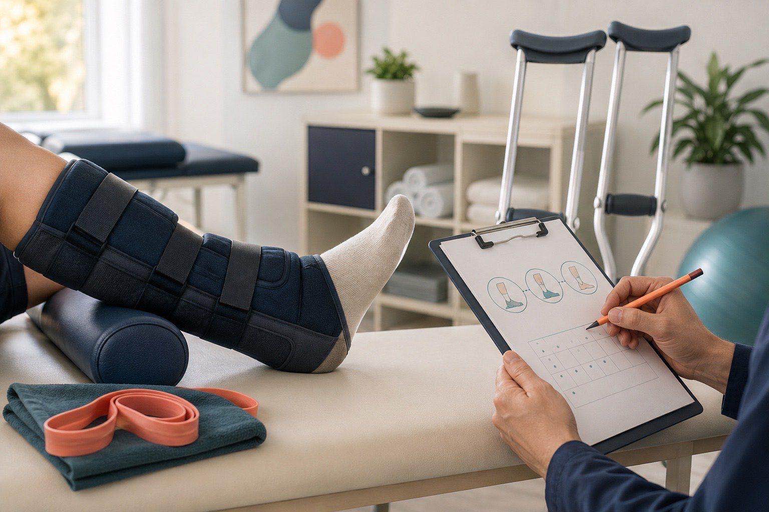 AI-generated educational illustration of a clinician-led fracture rehabilitation plan with protected movement