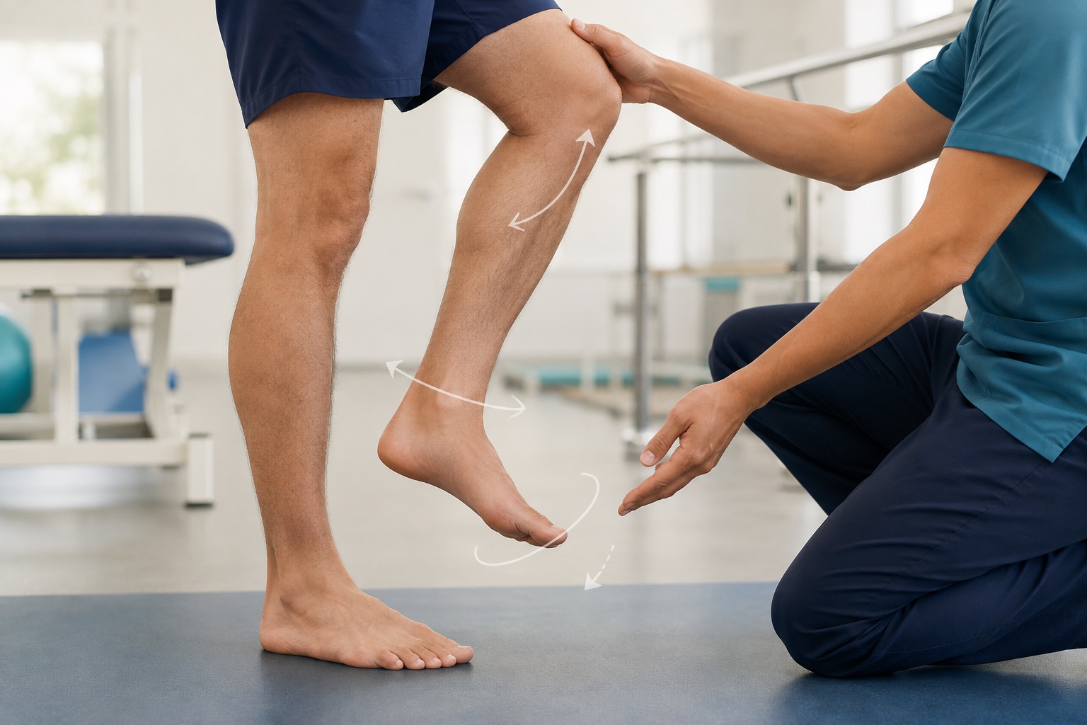 AI-generated illustration of a clinician assessing post-stroke leg and foot movement without showing a face