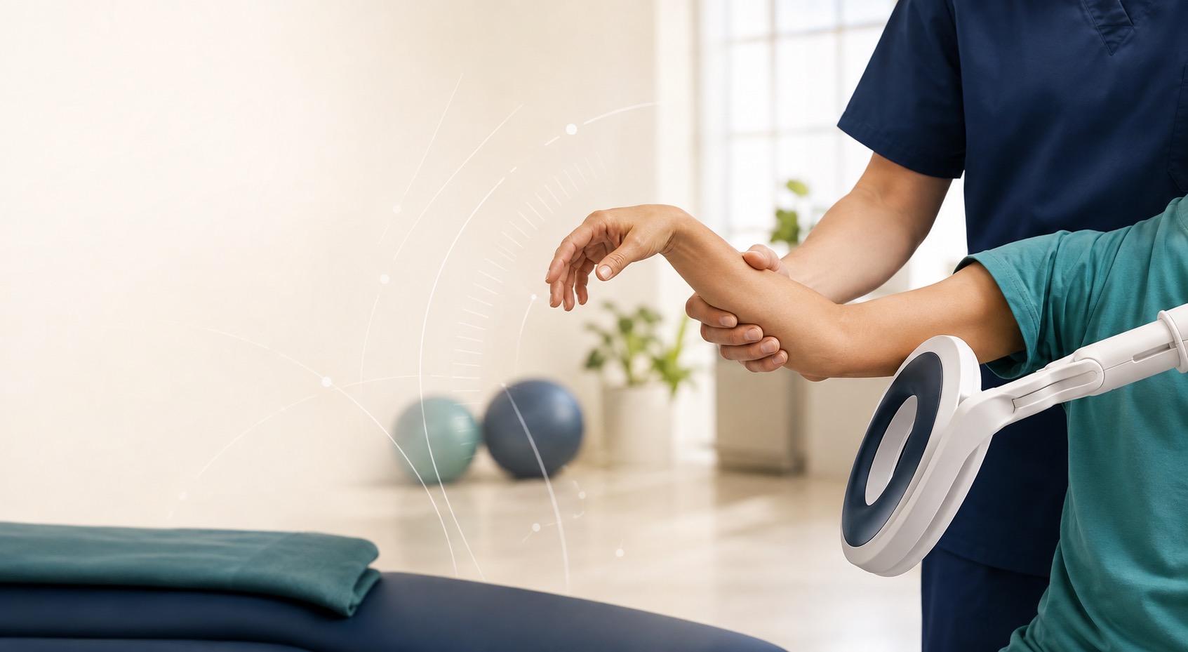 AI-generated illustration of post-stroke limb assessment beside a non-contact electromagnetic applicator; no face shown