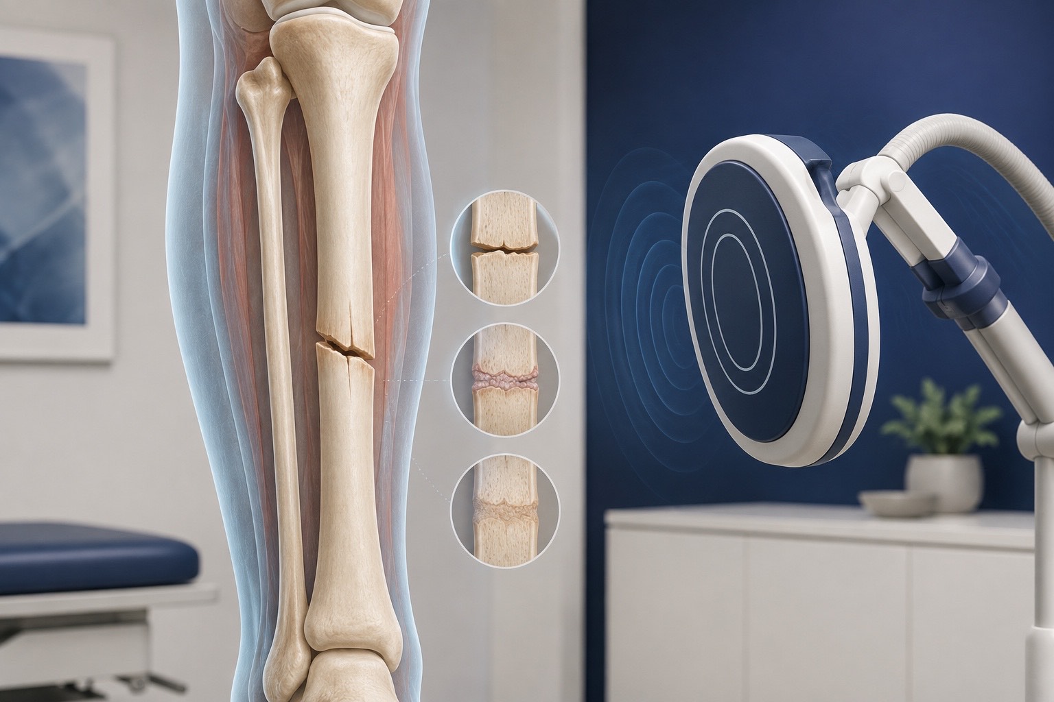 AI-generated educational illustration of a fracture assessment beside a non-invasive SIS applicator; no patient face shown